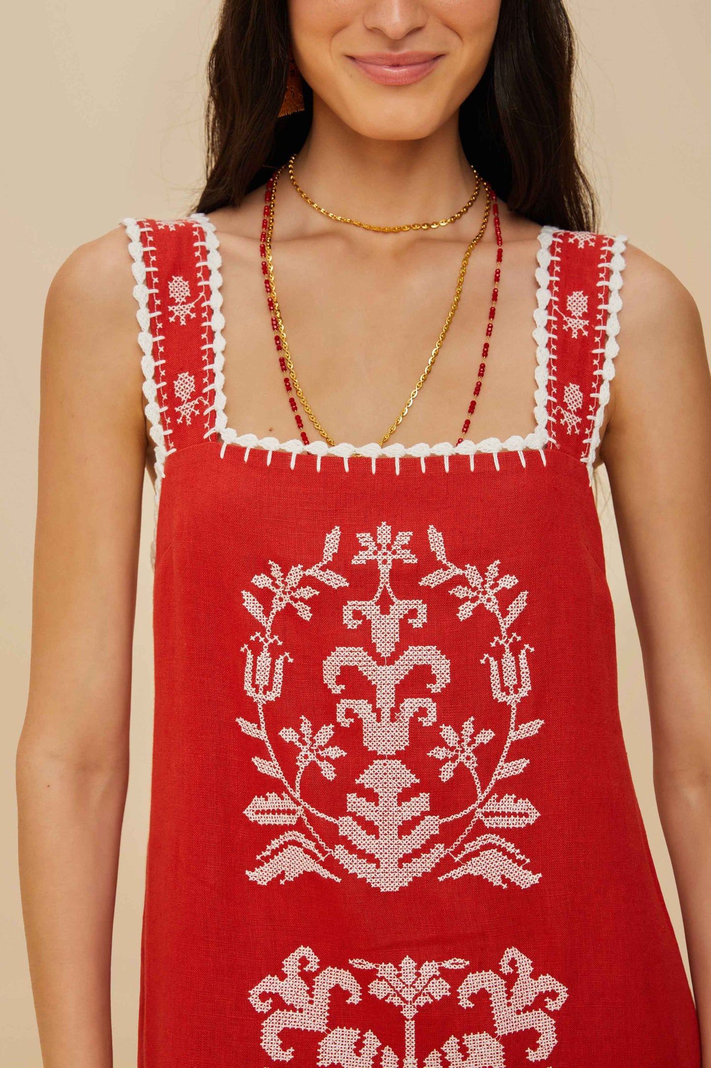 Red Tropical Cross Stitch Embroidered Midi Dress