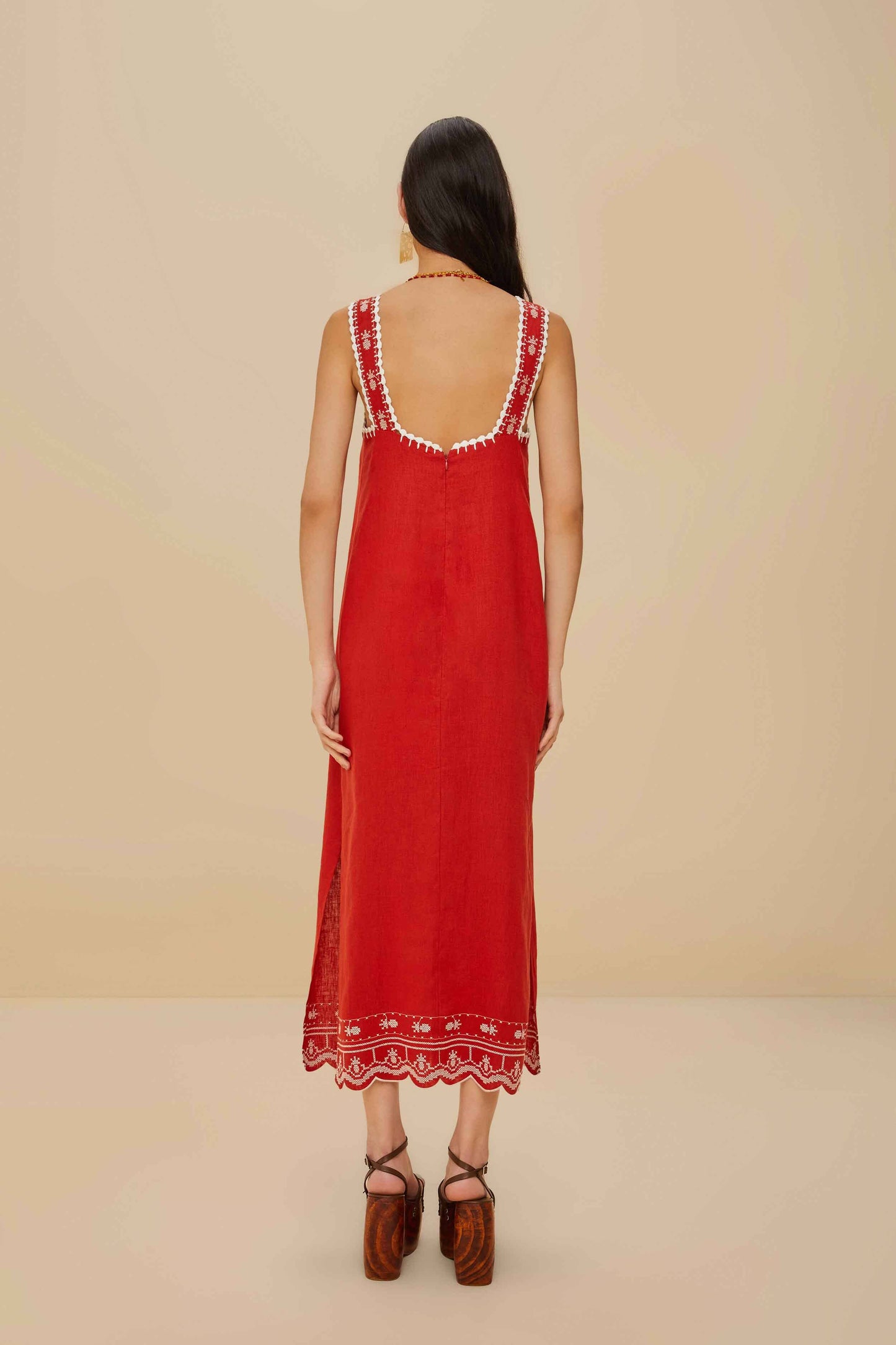 Red Tropical Cross Stitch Embroidered Midi Dress