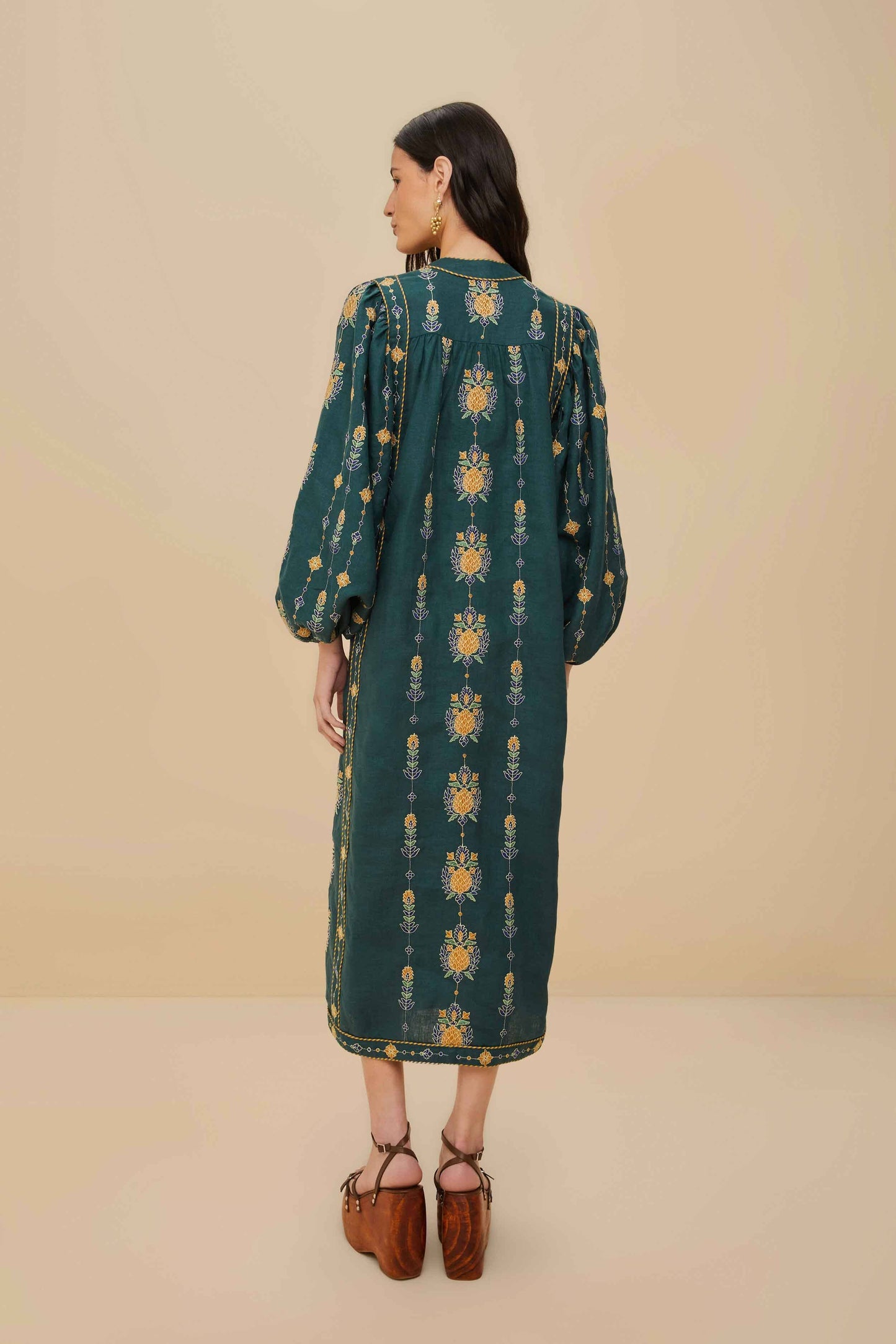 Green Pineapple Embroidered Euroflax™ Premium Linen Tunic Maxi Dress