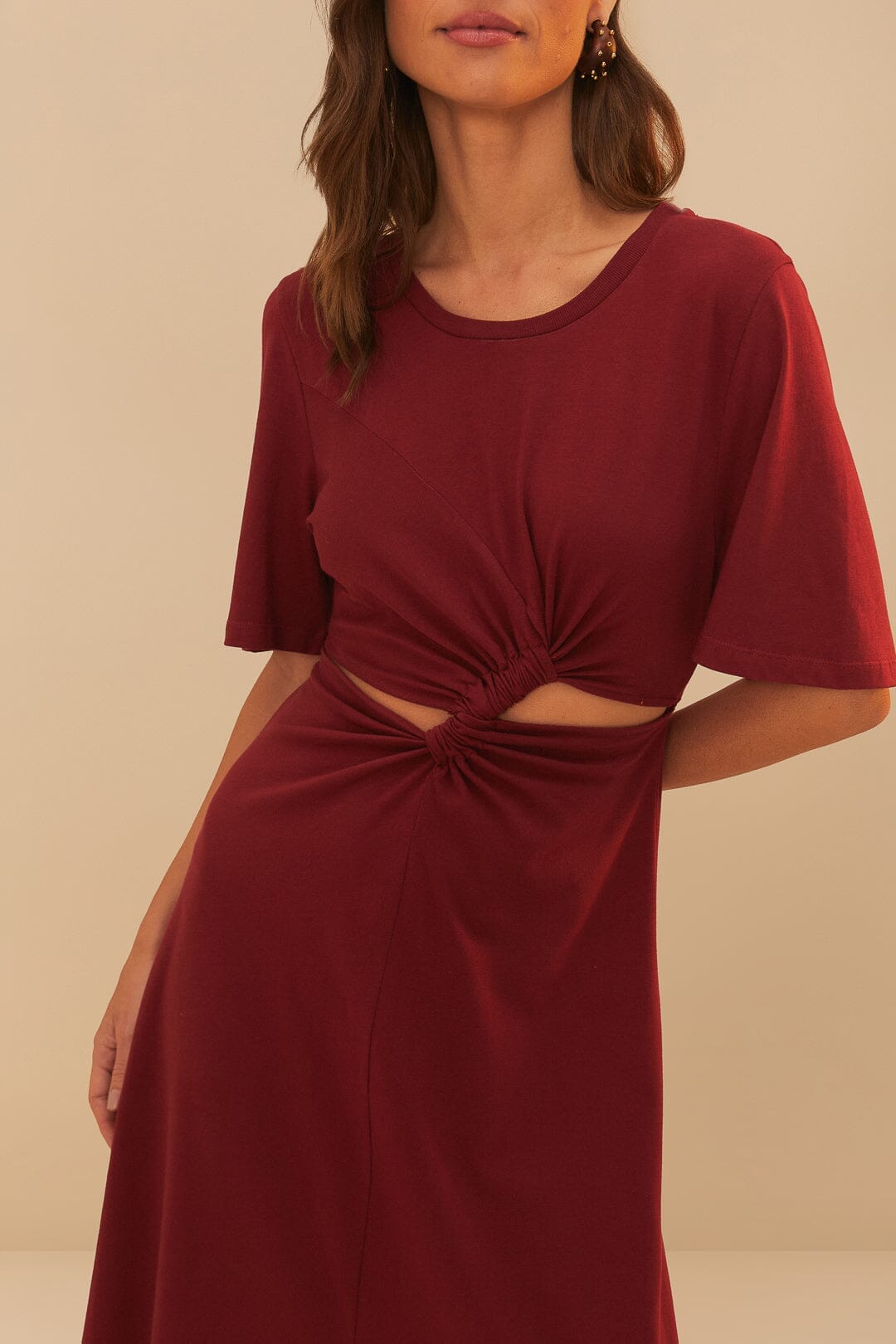 Red Short Sleeve Cut-Out Midi Dress