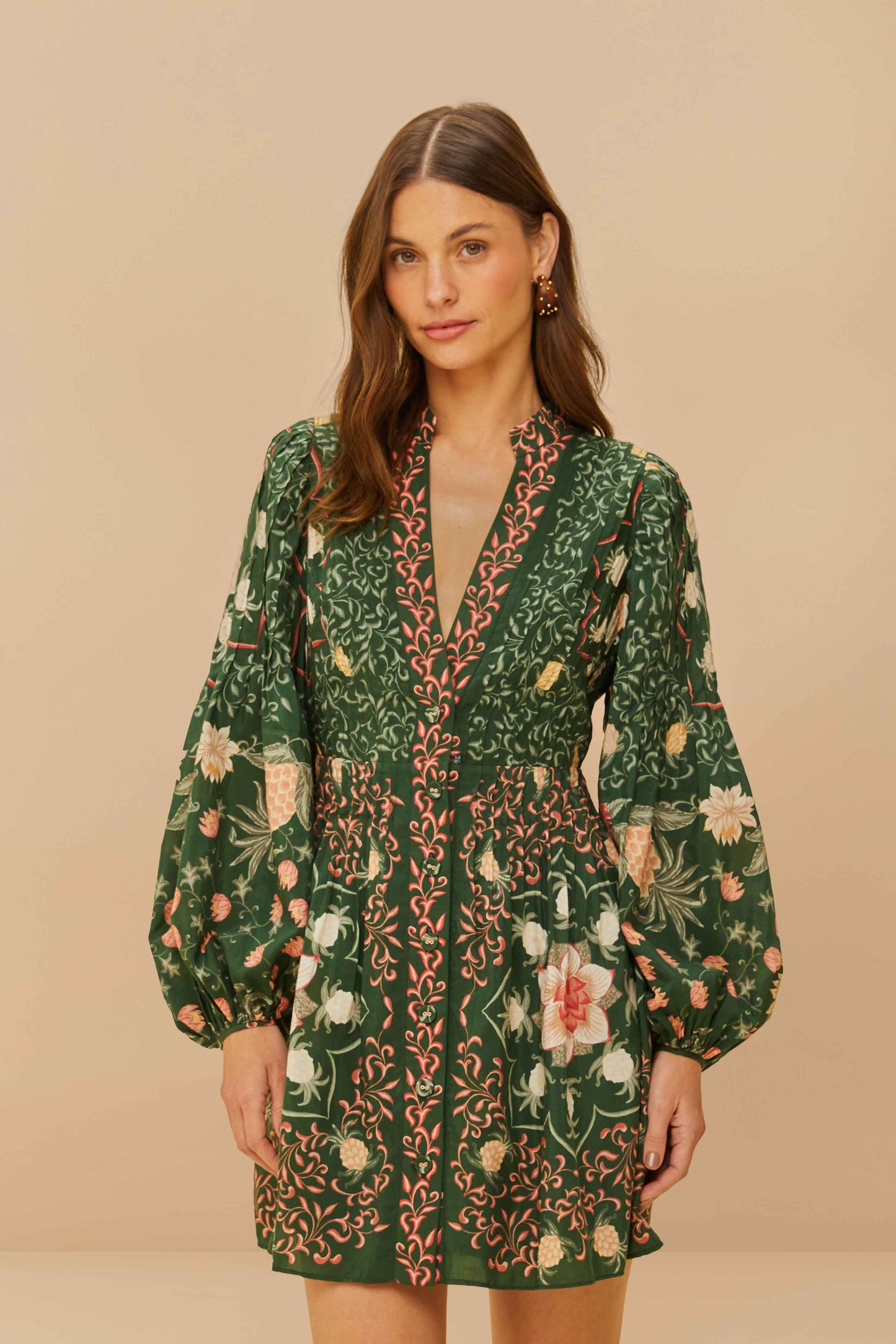 Green Pineapple Garden Long Sleeve Mini Dress