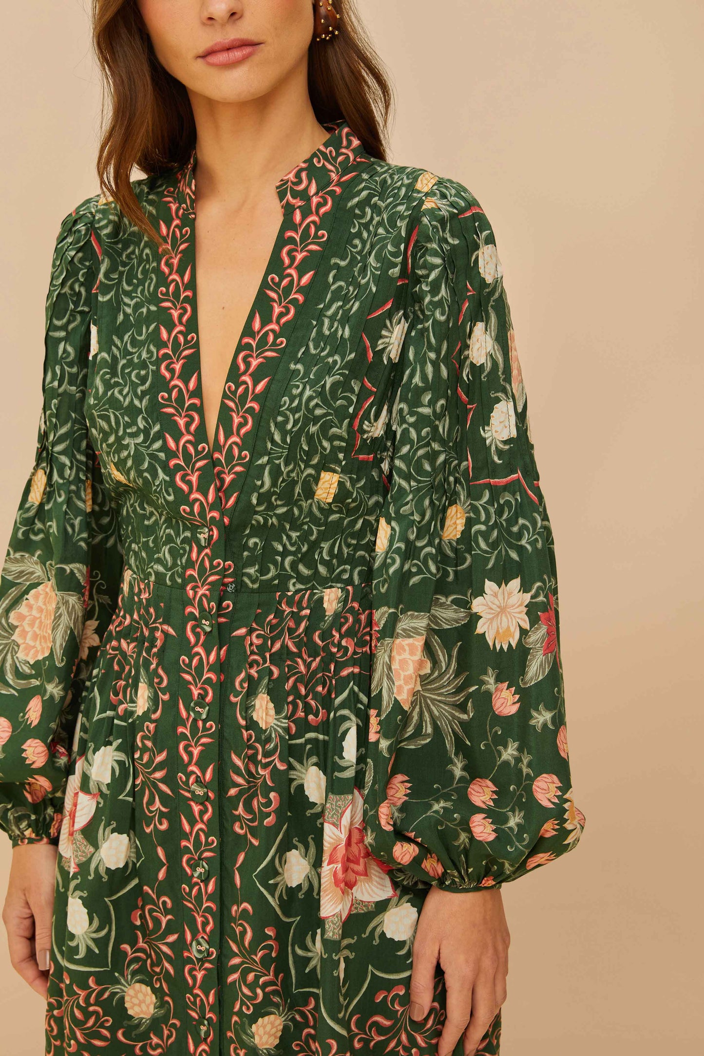 Green Pineapple Garden Long Sleeve Mini Dress