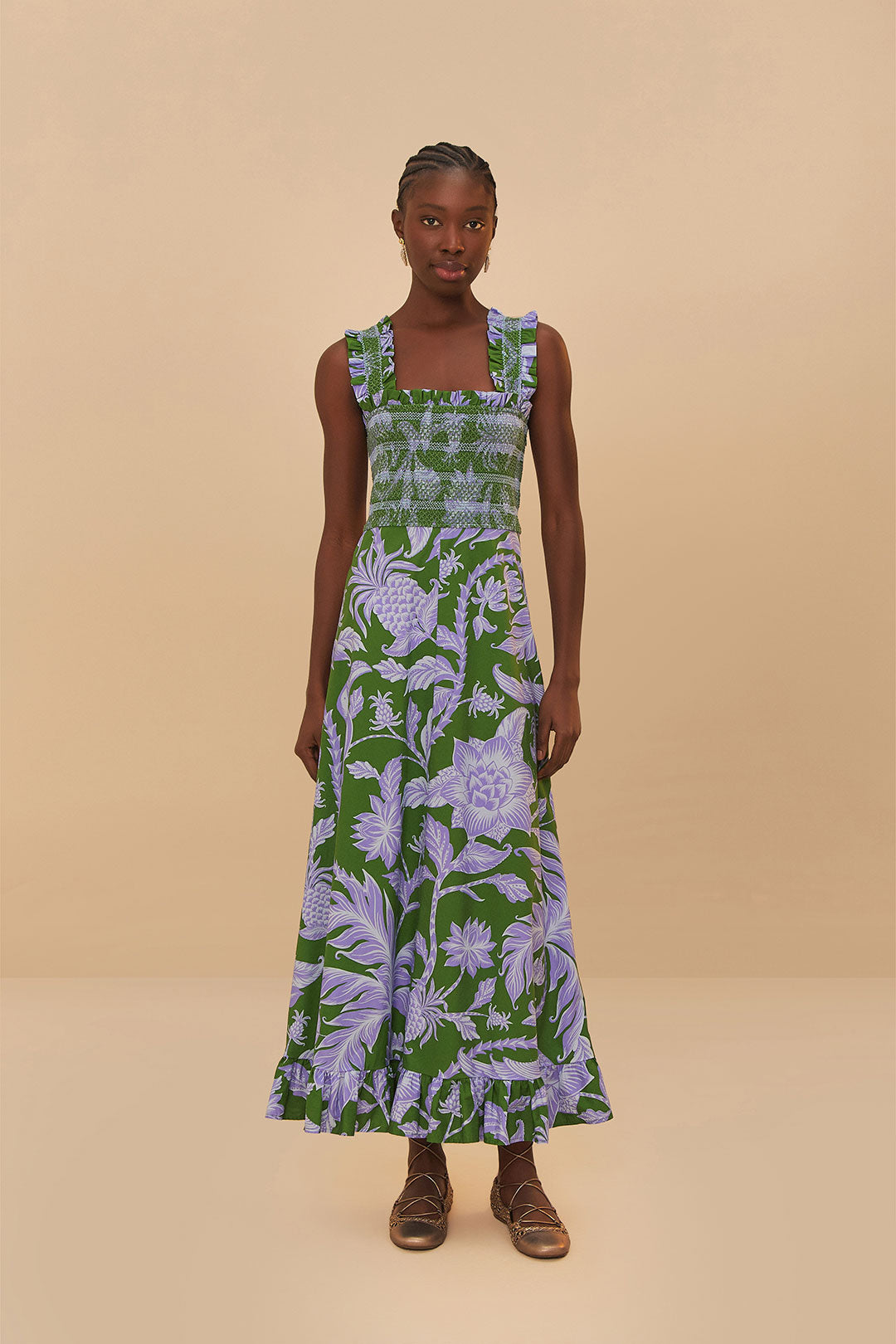 Green Tropical Swing Sleeveless Midi Dress