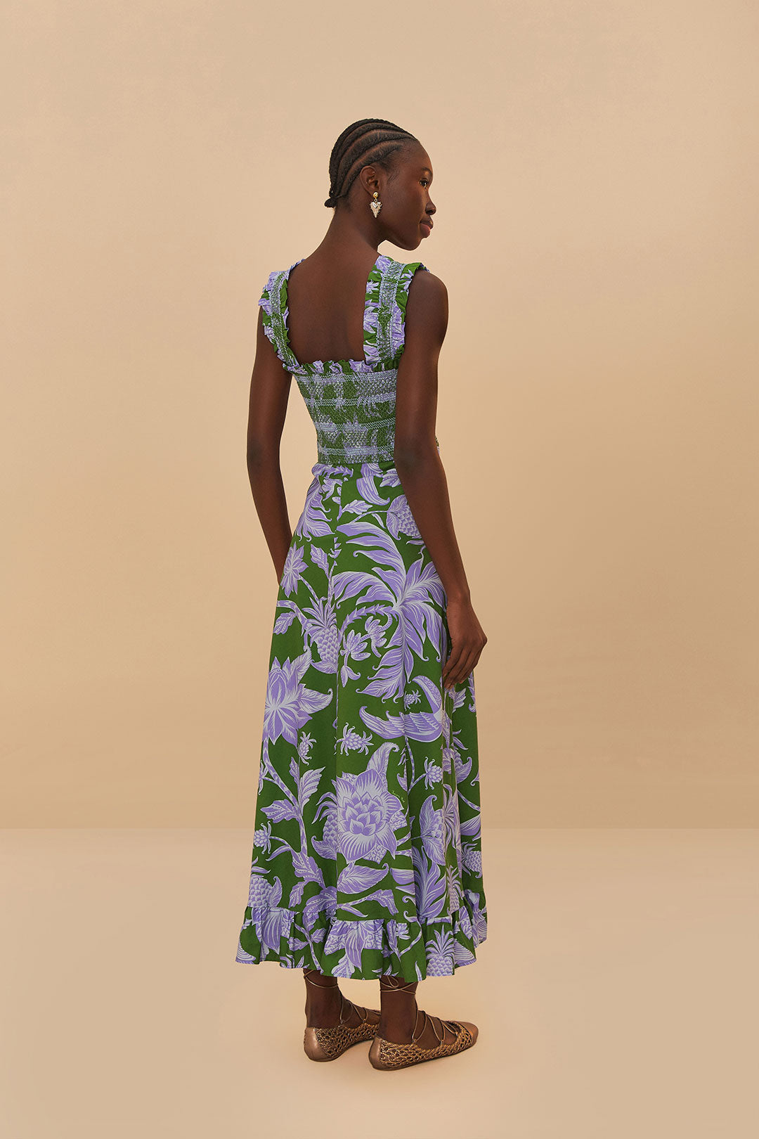 Green Tropical Swing Sleeveless Midi Dress