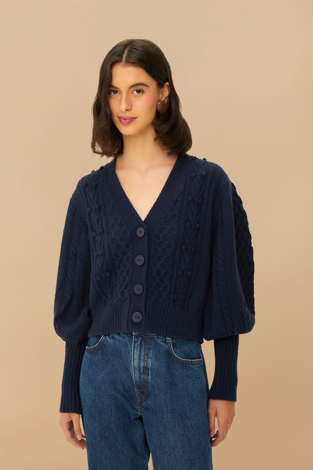 Navy Blue Mixed Stitches Knit Cardigan