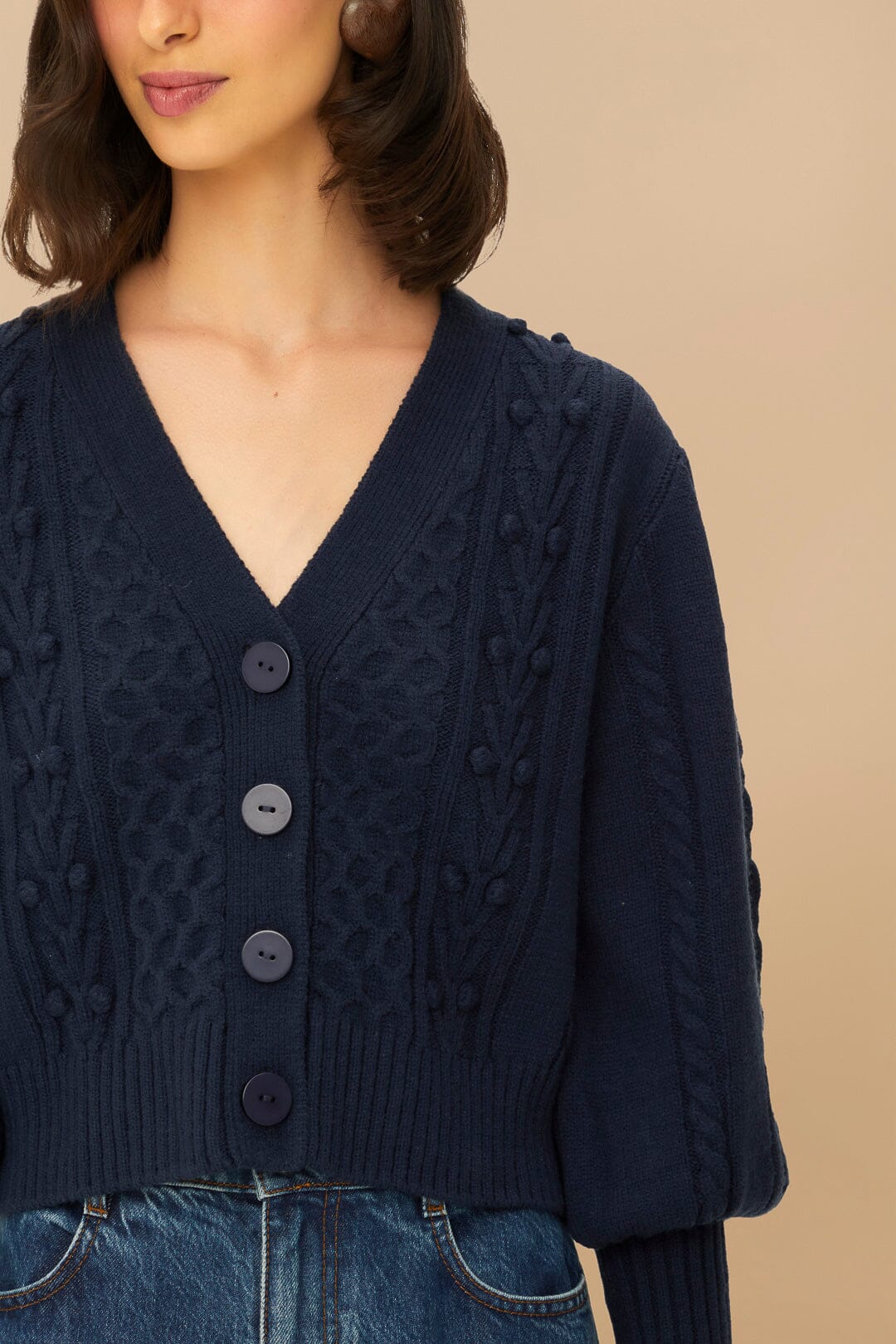 Navy Blue Mixed Stitches Knit Cardigan