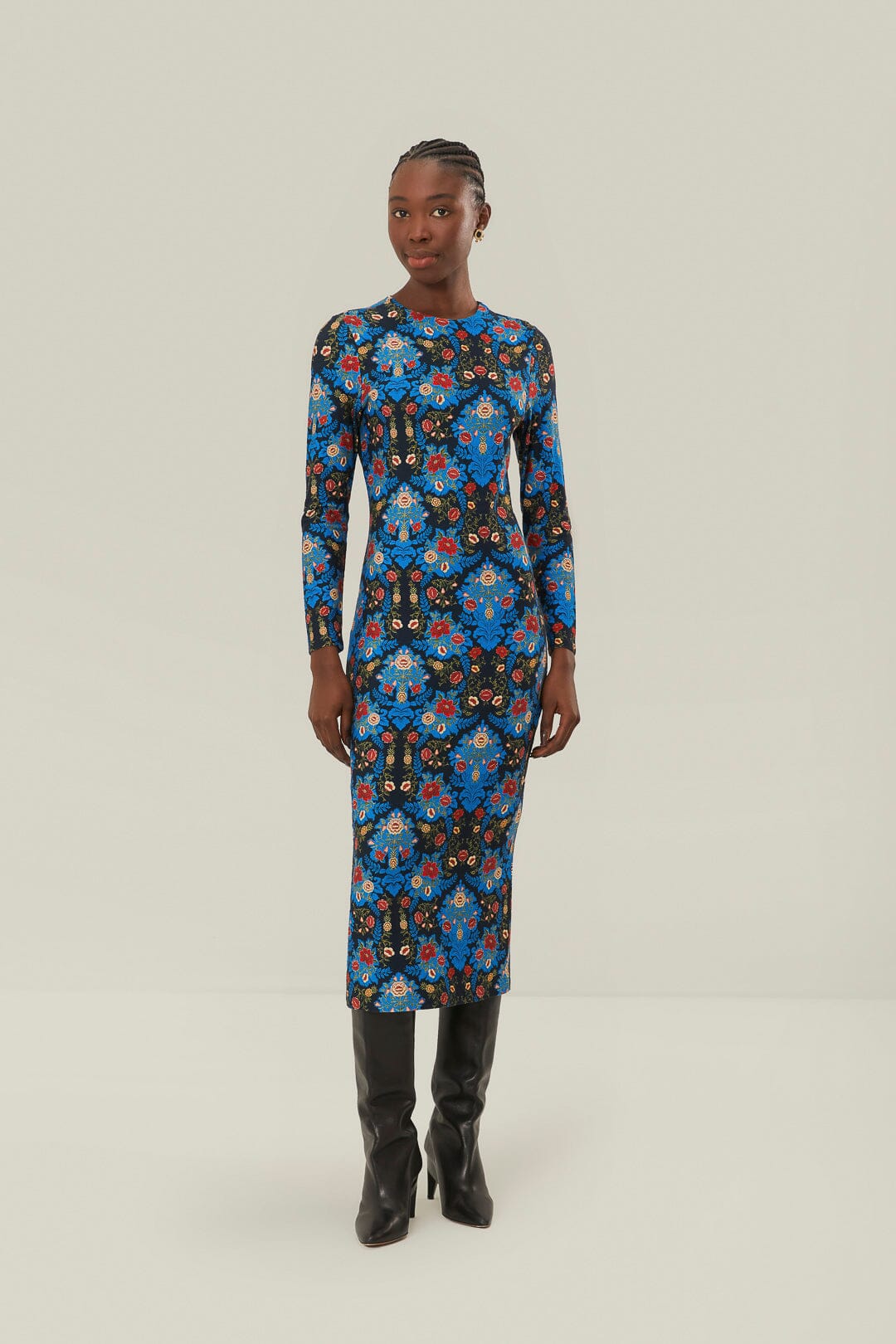 Blue Arabesque Floral Jersey LENZING™ ECOVERO™ Midi Dress