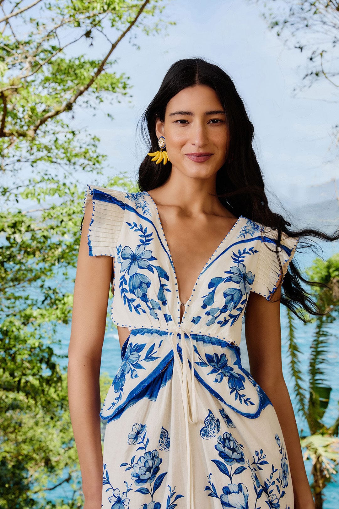 Off-White Porcelain Garden Butterlfy LENZING ECOVERO Euroflax Midi Dress