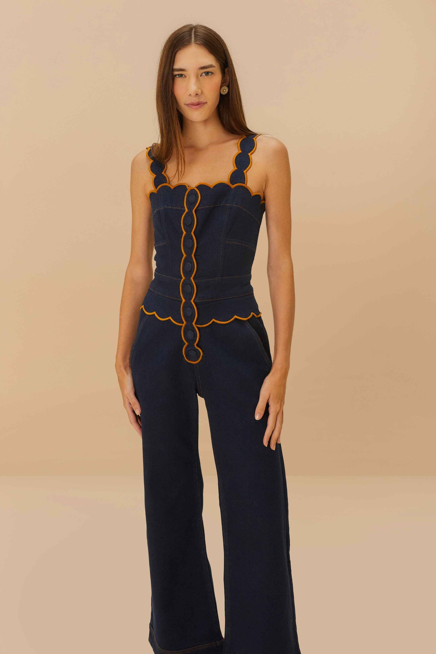 Dark Denim Wavy Trim Jumpsuit