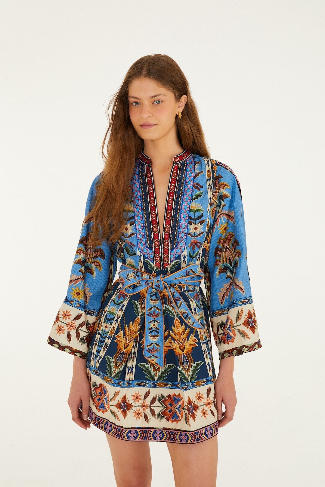 Blue Embroidered Tapestry Organic Cotton Mini Dress