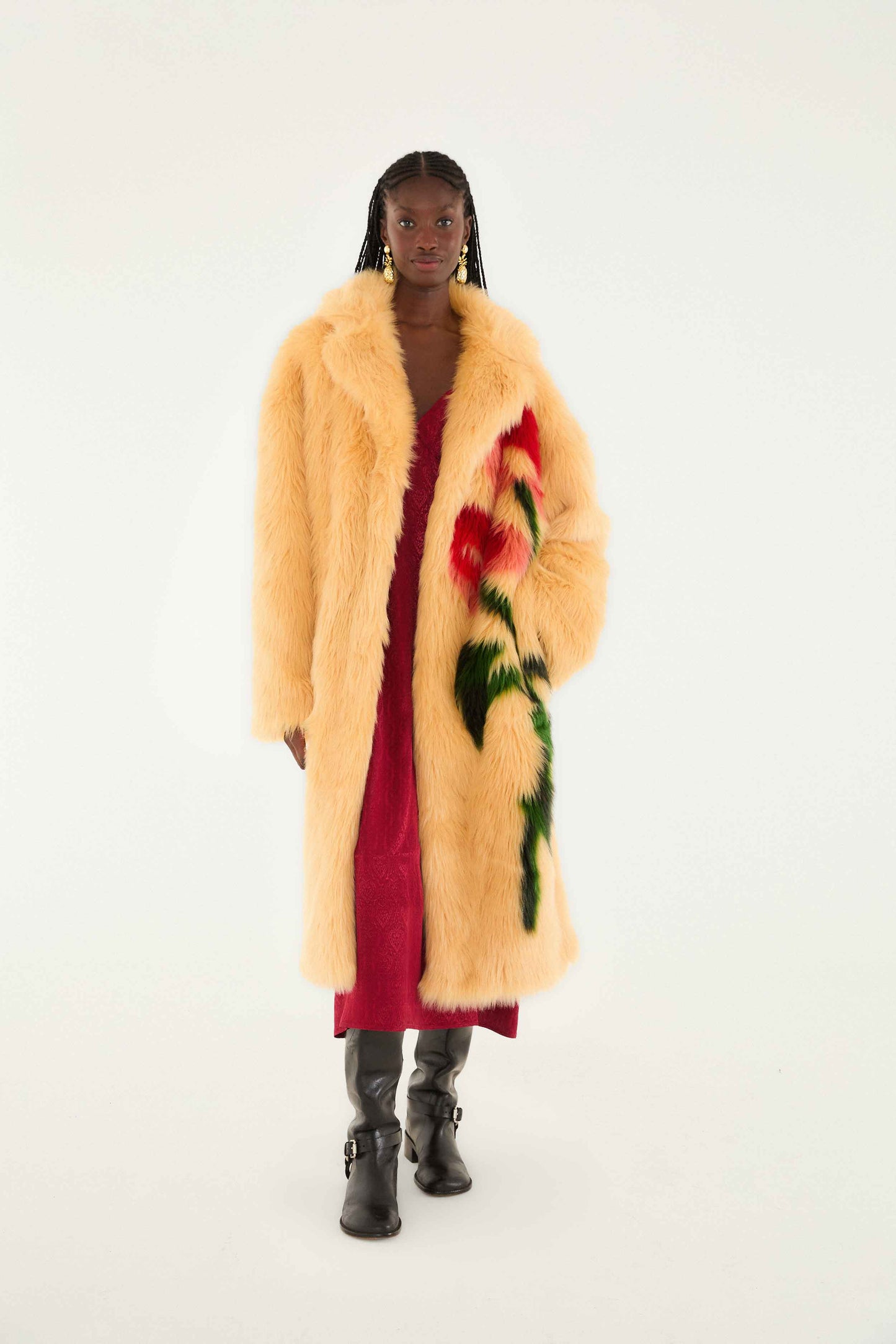 Flowers Faux Fur Cream Coat