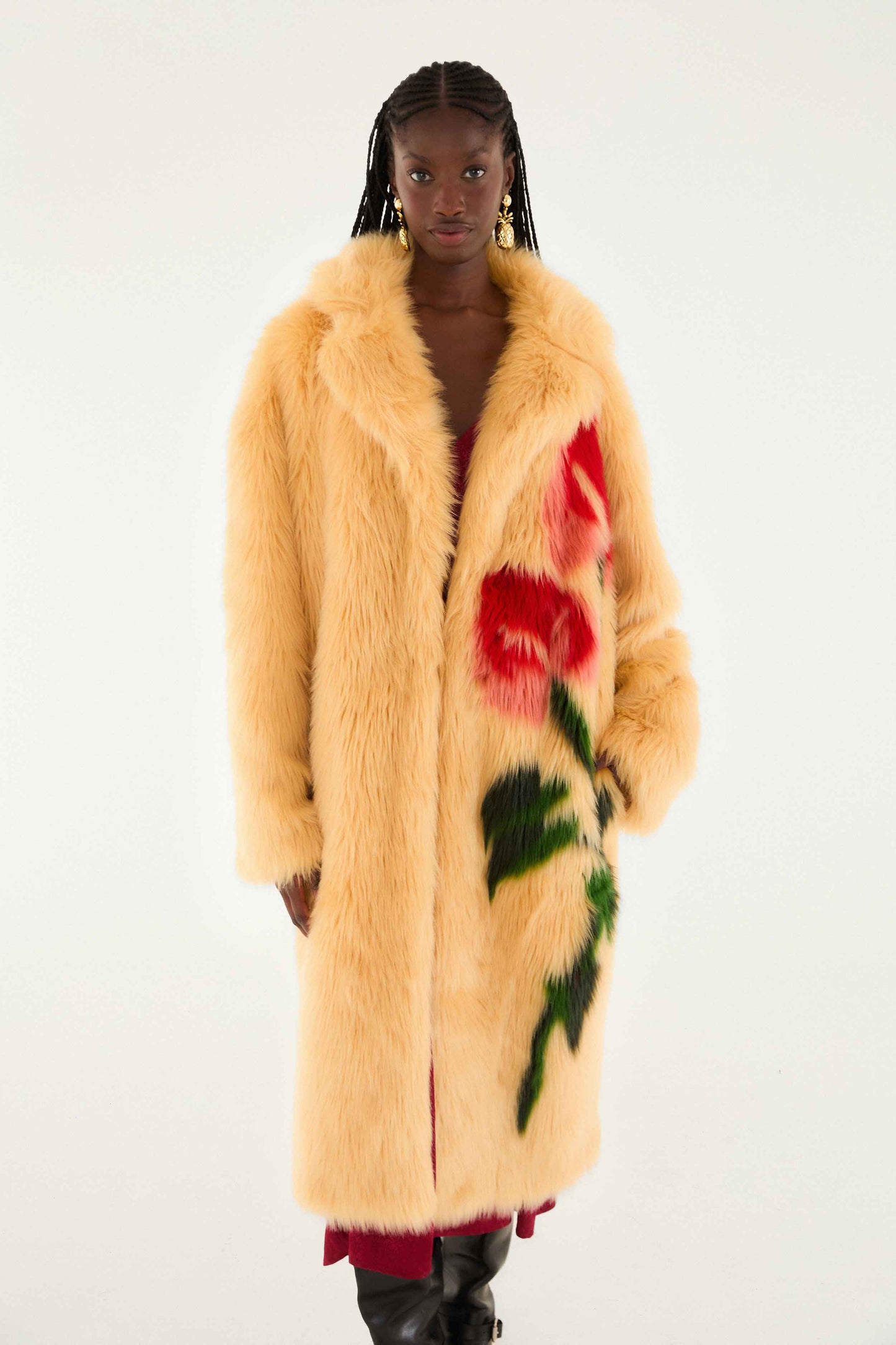 Flowers Faux Fur Cream Coat