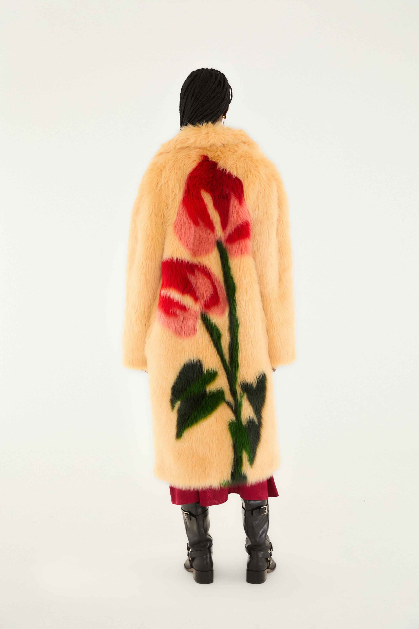 Flowers Faux Fur Cream Coat