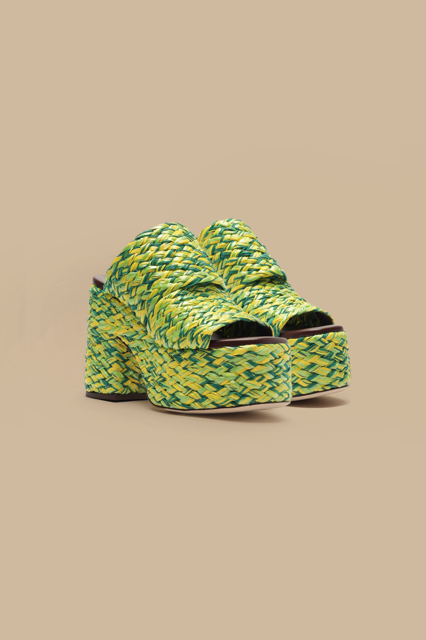 Green And Yellow Braided Raffia Platform Sandal