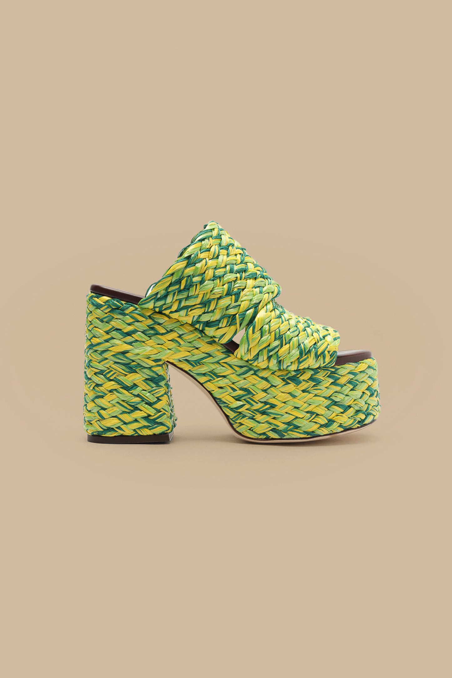 Green And Yellow Braided Raffia Platform Sandal