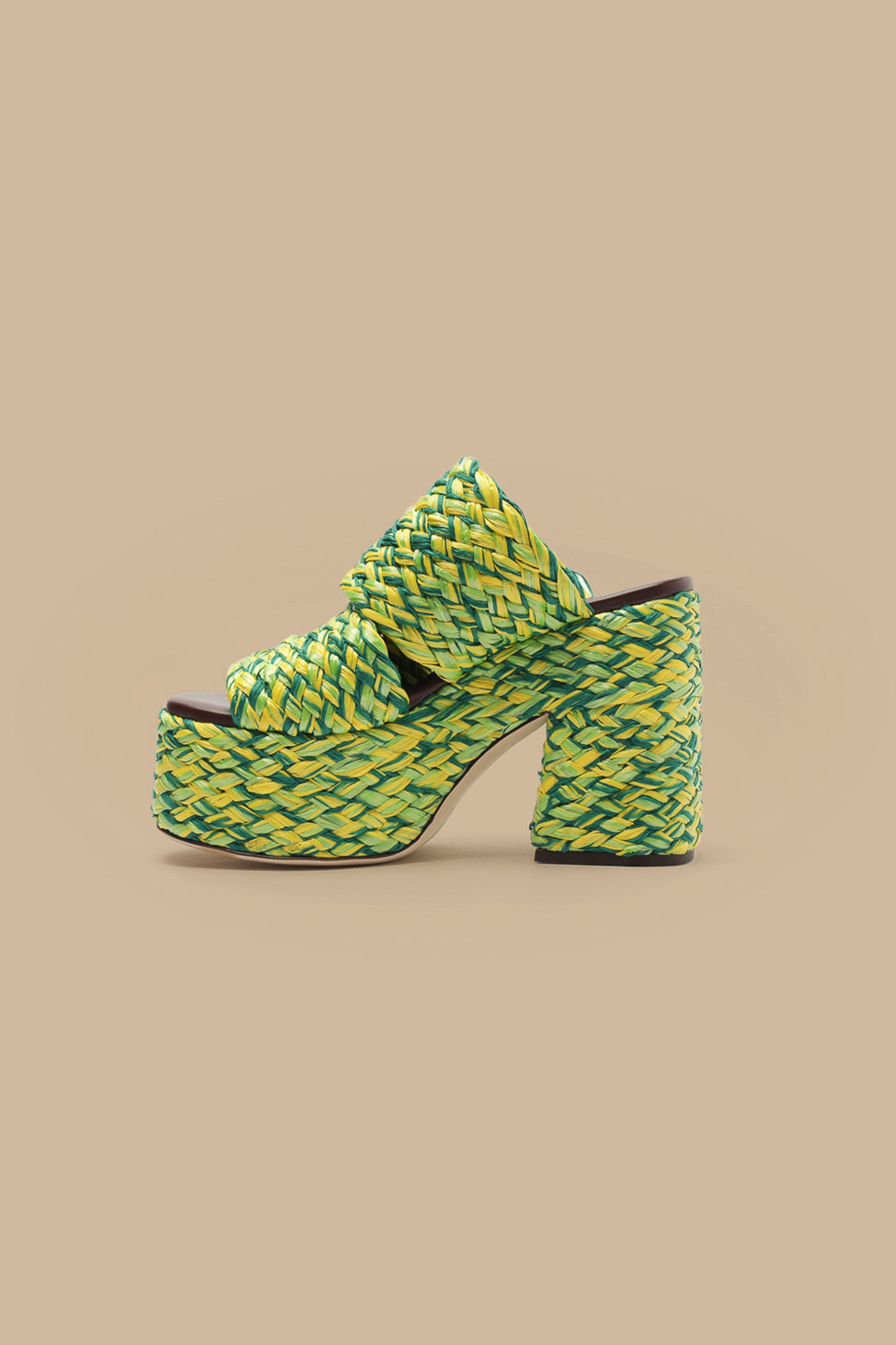 Green And Yellow Braided Raffia Platform Sandal