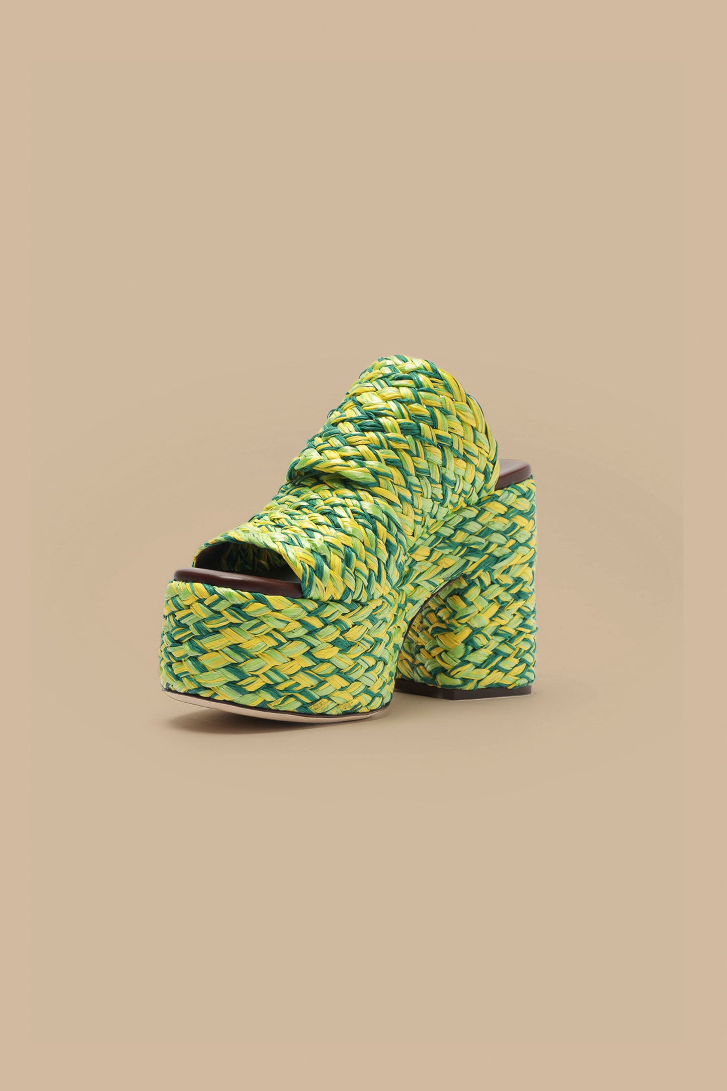 Green And Yellow Braided Raffia Platform Sandal