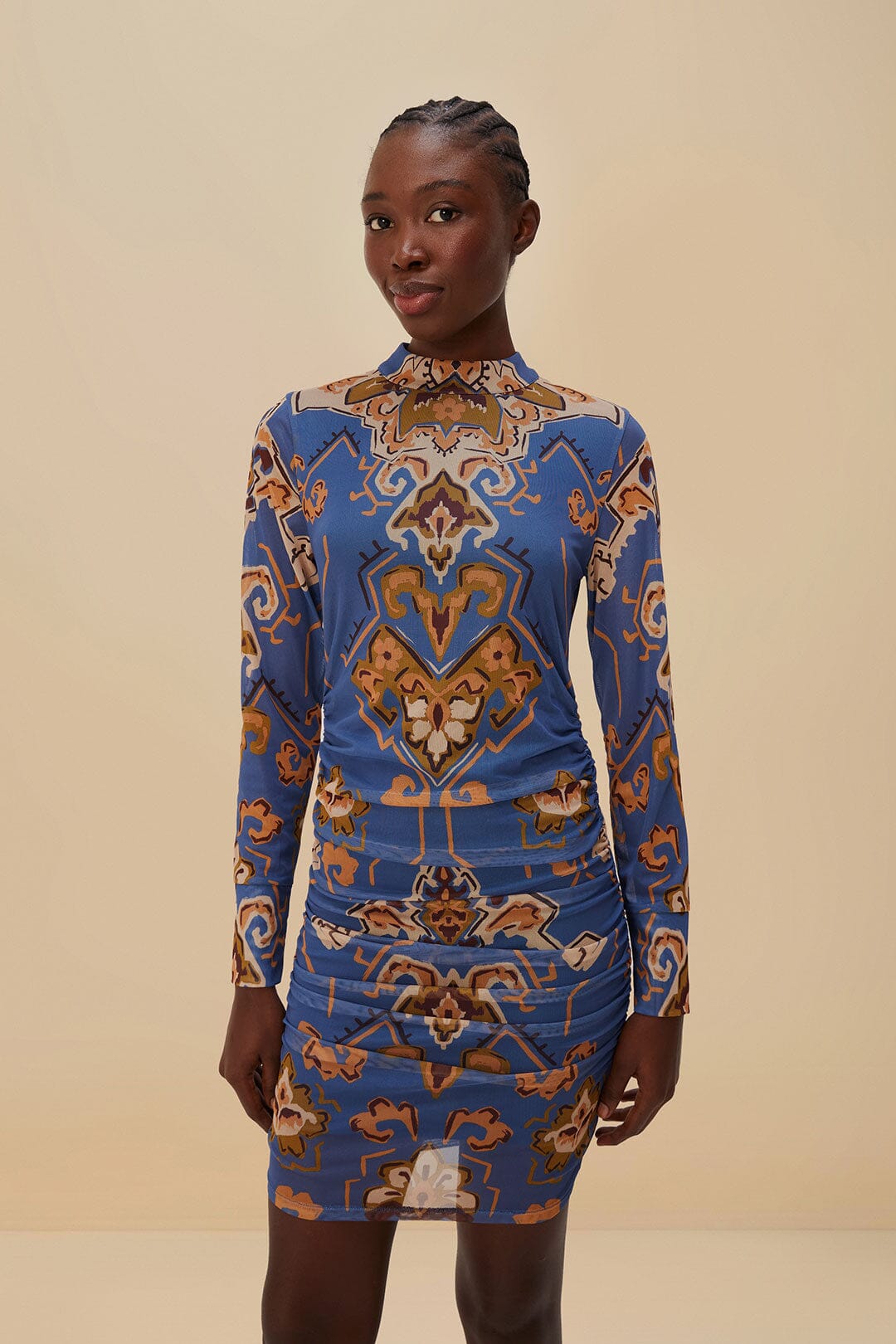 Blue Ornament Floral Tulle Mini Dress