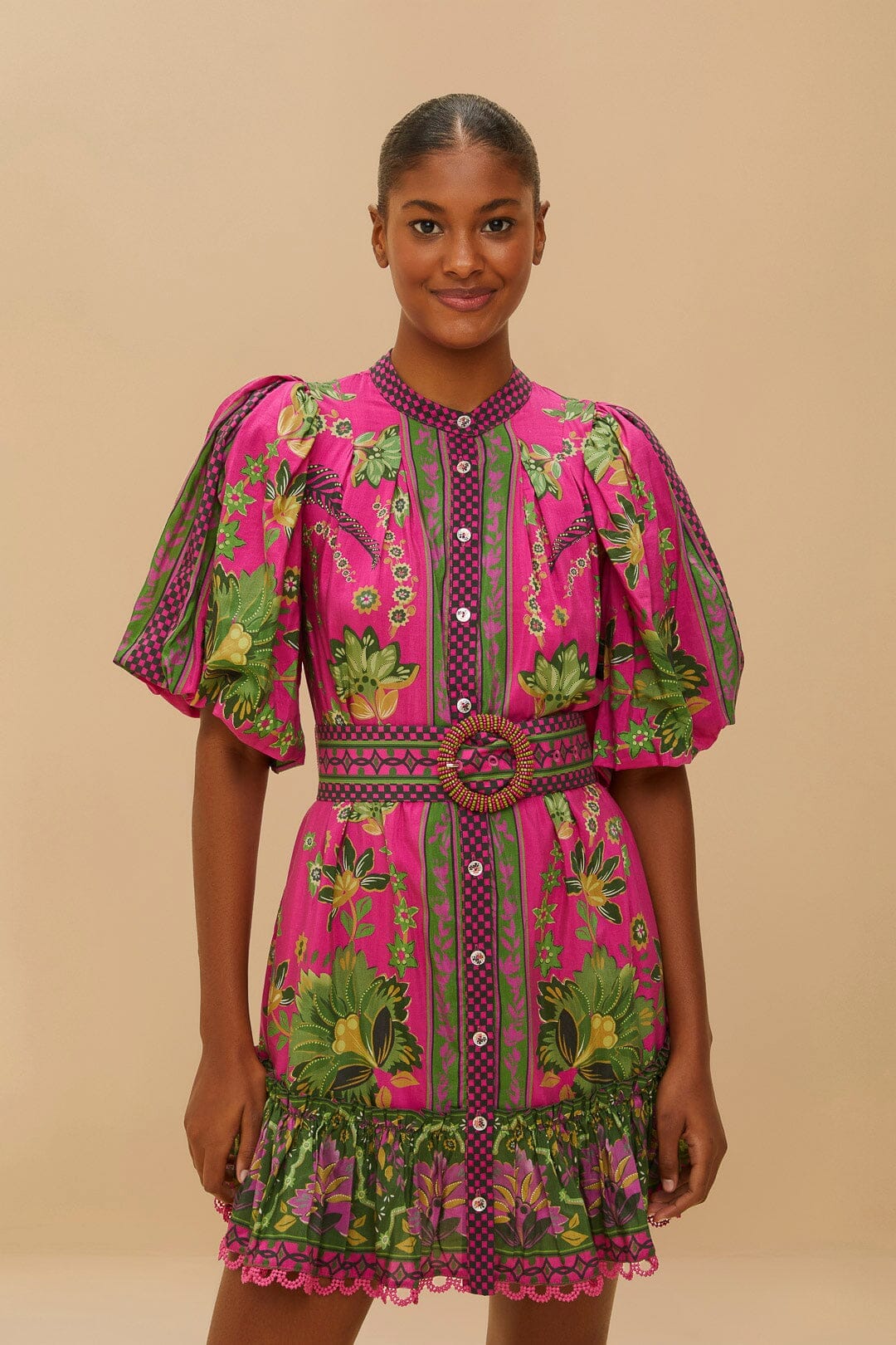 Pink Ana Tapestry Puff Sleeve Mini Dress