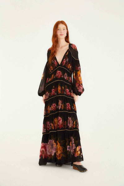 farm rio black chenille flowers midi dress Black Chenille Flowers Long Sleeve Midi Dress