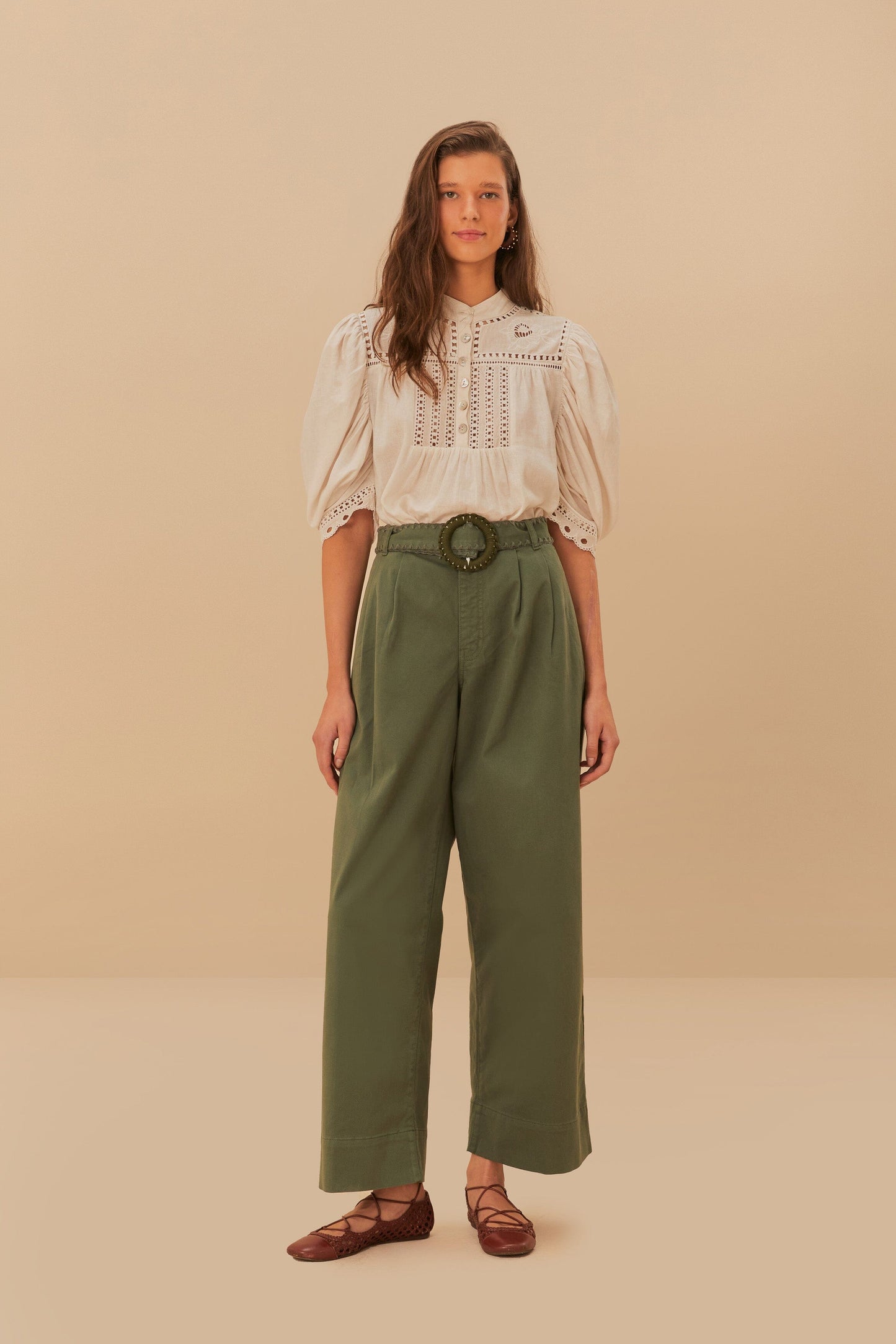 Green Twill Pleated Wide Pants