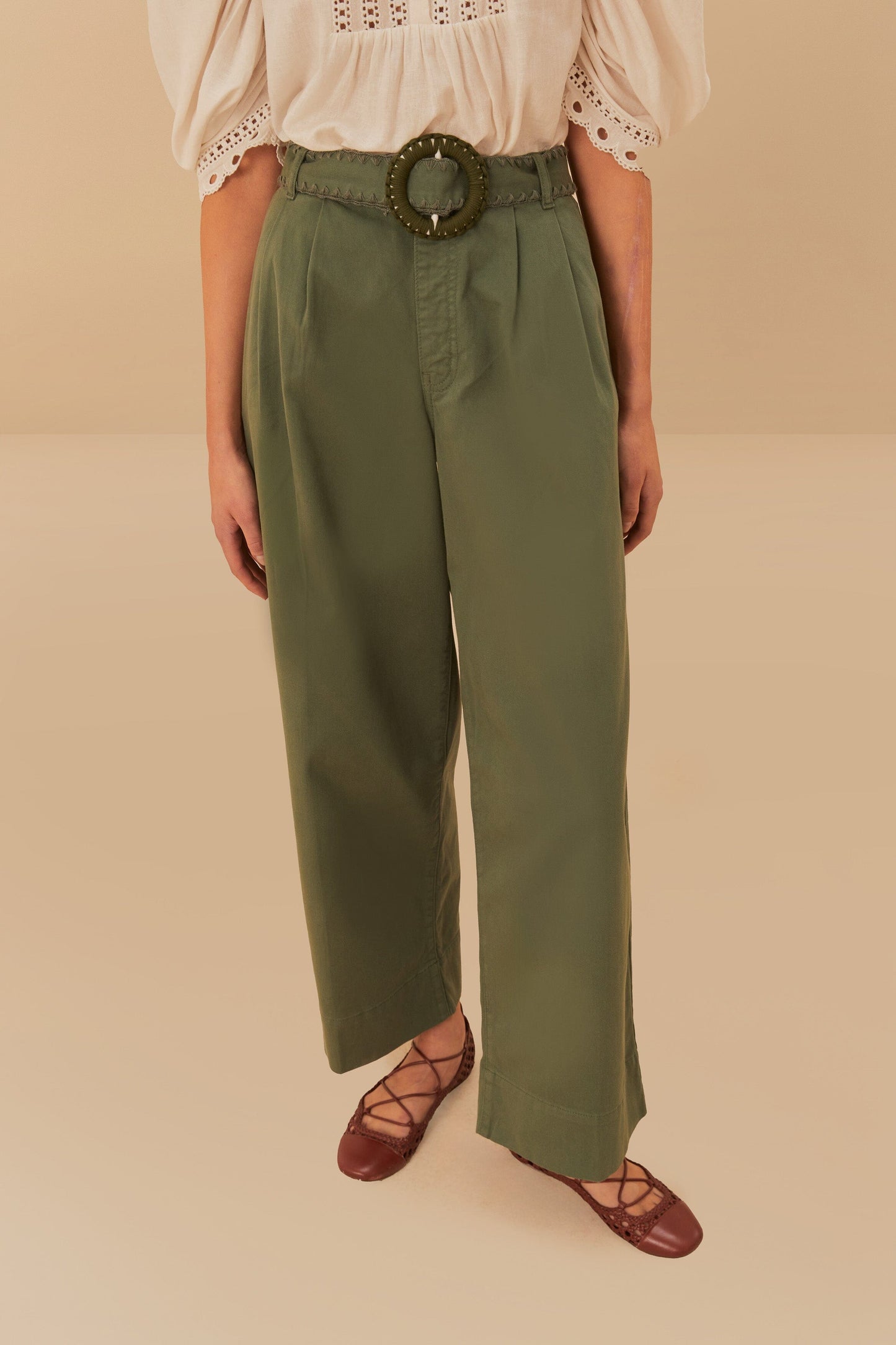 Green Twill Pleated Wide Pants