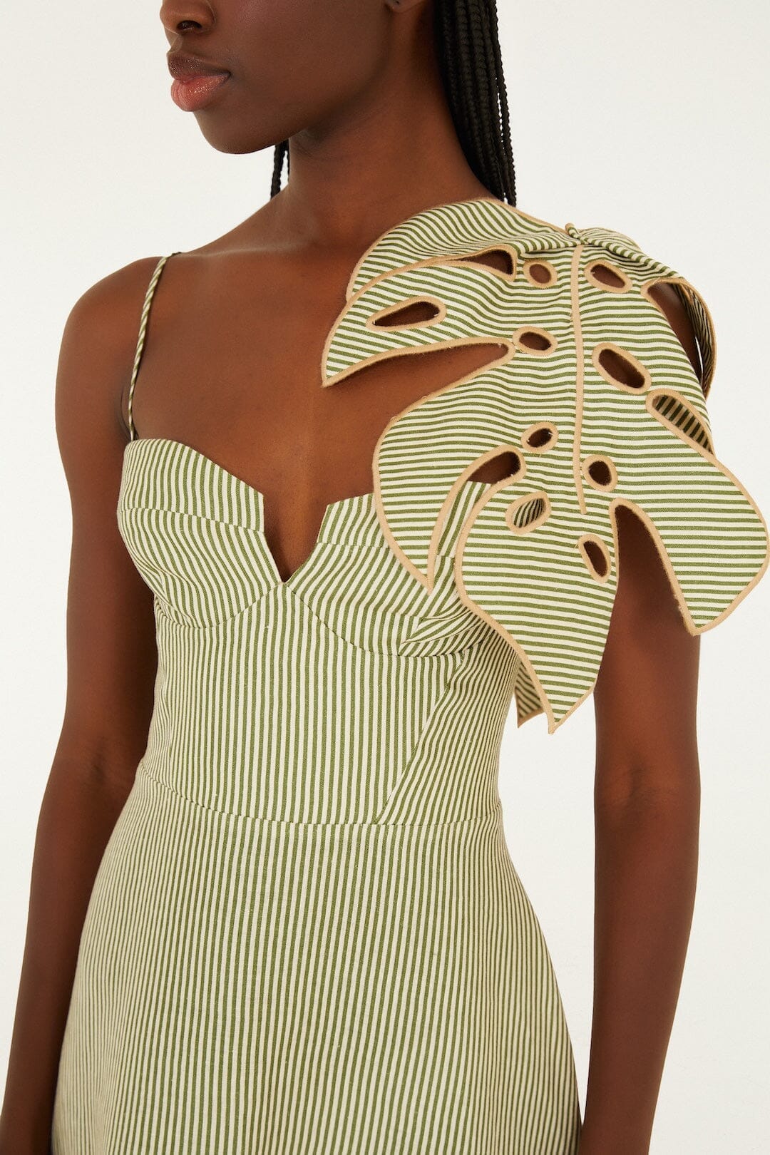 Green Striped 3d Monstera Leaf Euroflax Premium Linen Midi Dress