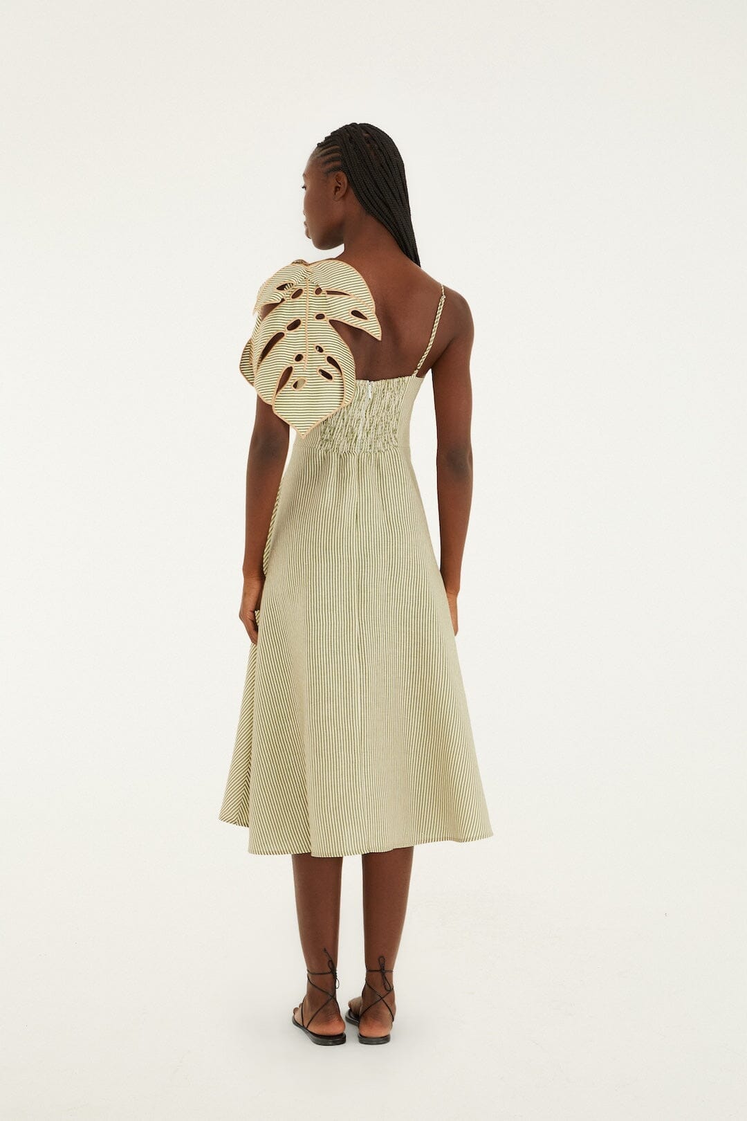 Green Striped 3d Monstera Leaf Euroflax  Premium Linen Midi Dress