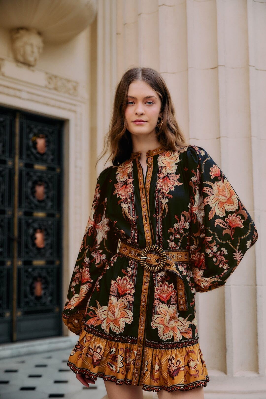 Black Majestic Garden Beaded Buckle Long Sleeve Mini Dress | FARM Rio