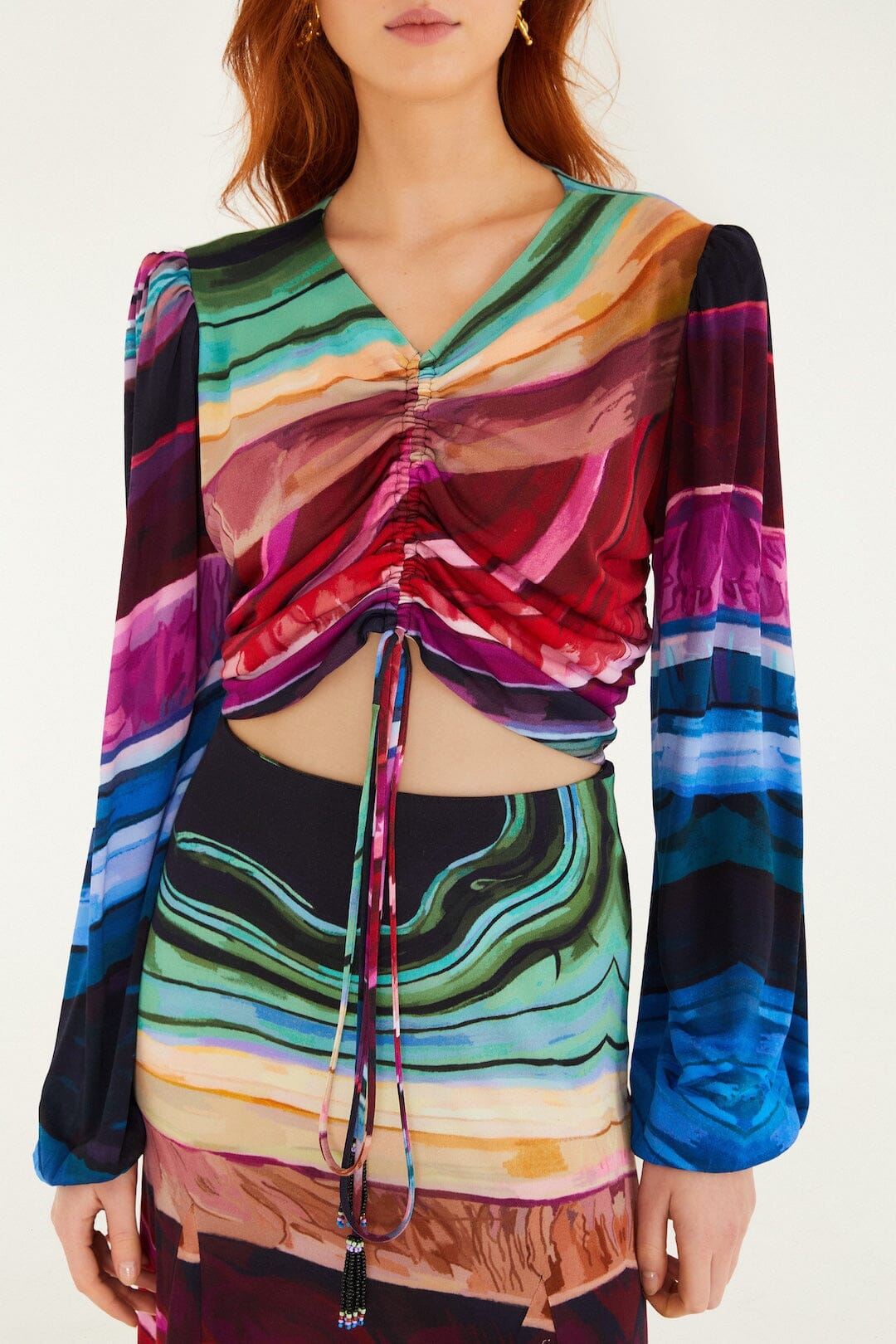 Multicolor Precious Gems Long Sleeve Draped Top