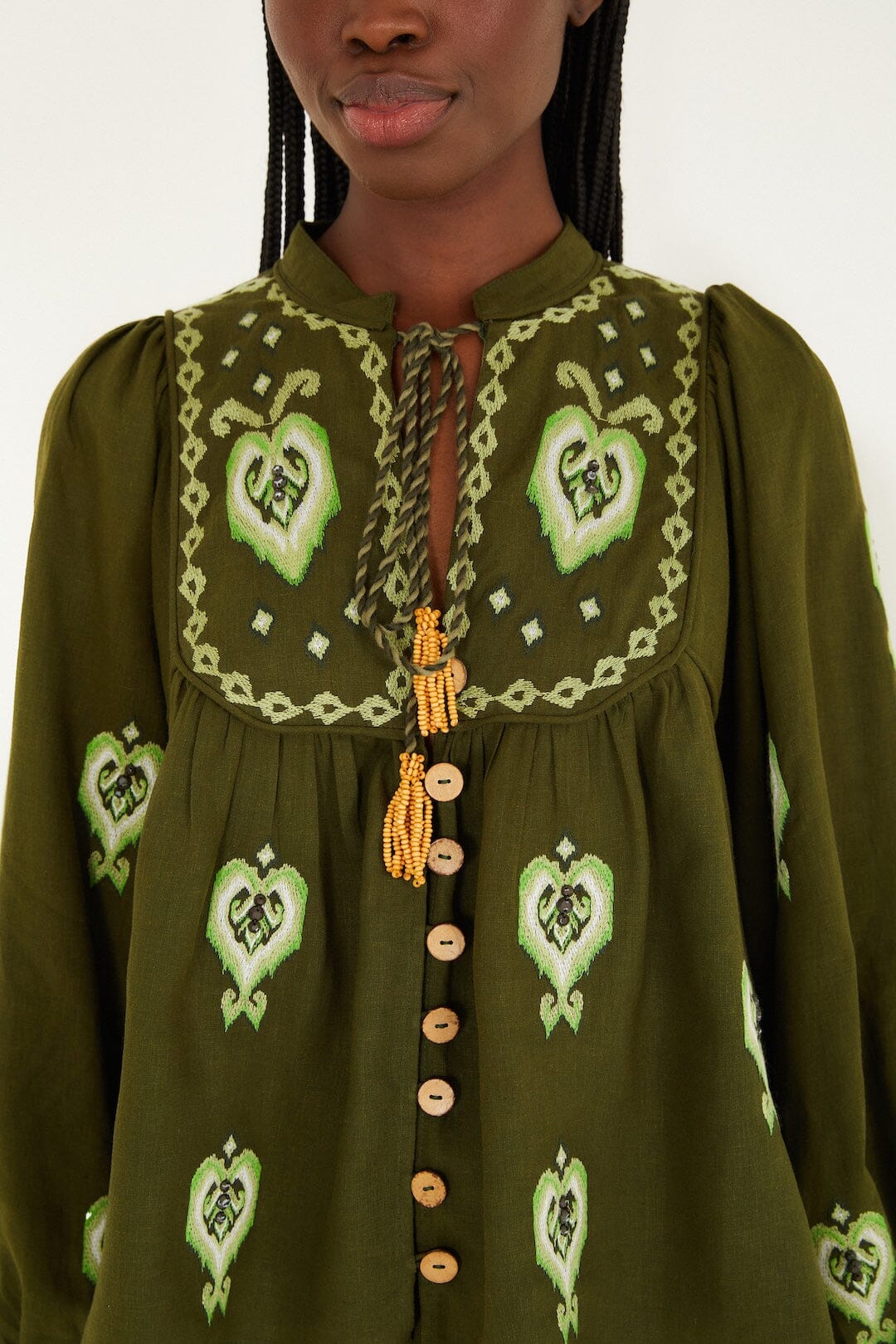 Green Embroidered Puff Sleeve Lenzing™ Ecovero™ Euroflax™ Blouse