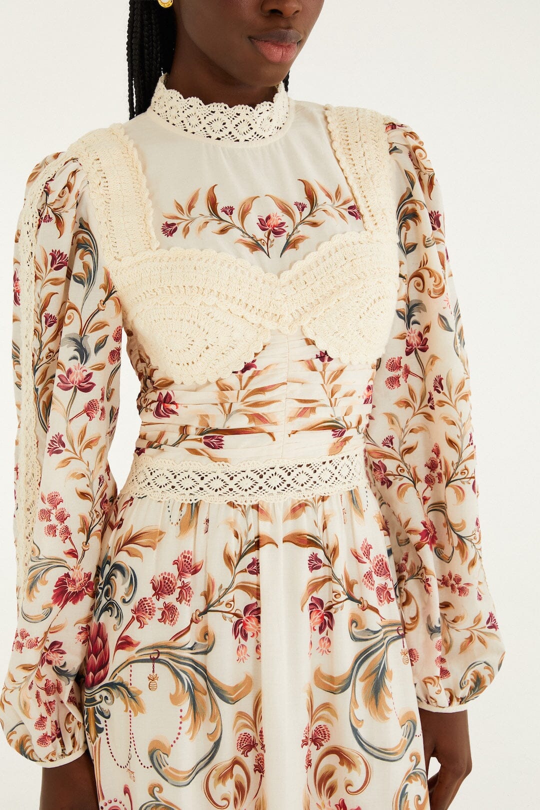 Cream Royal Garden Long Sleeve Crochet Midi Dress