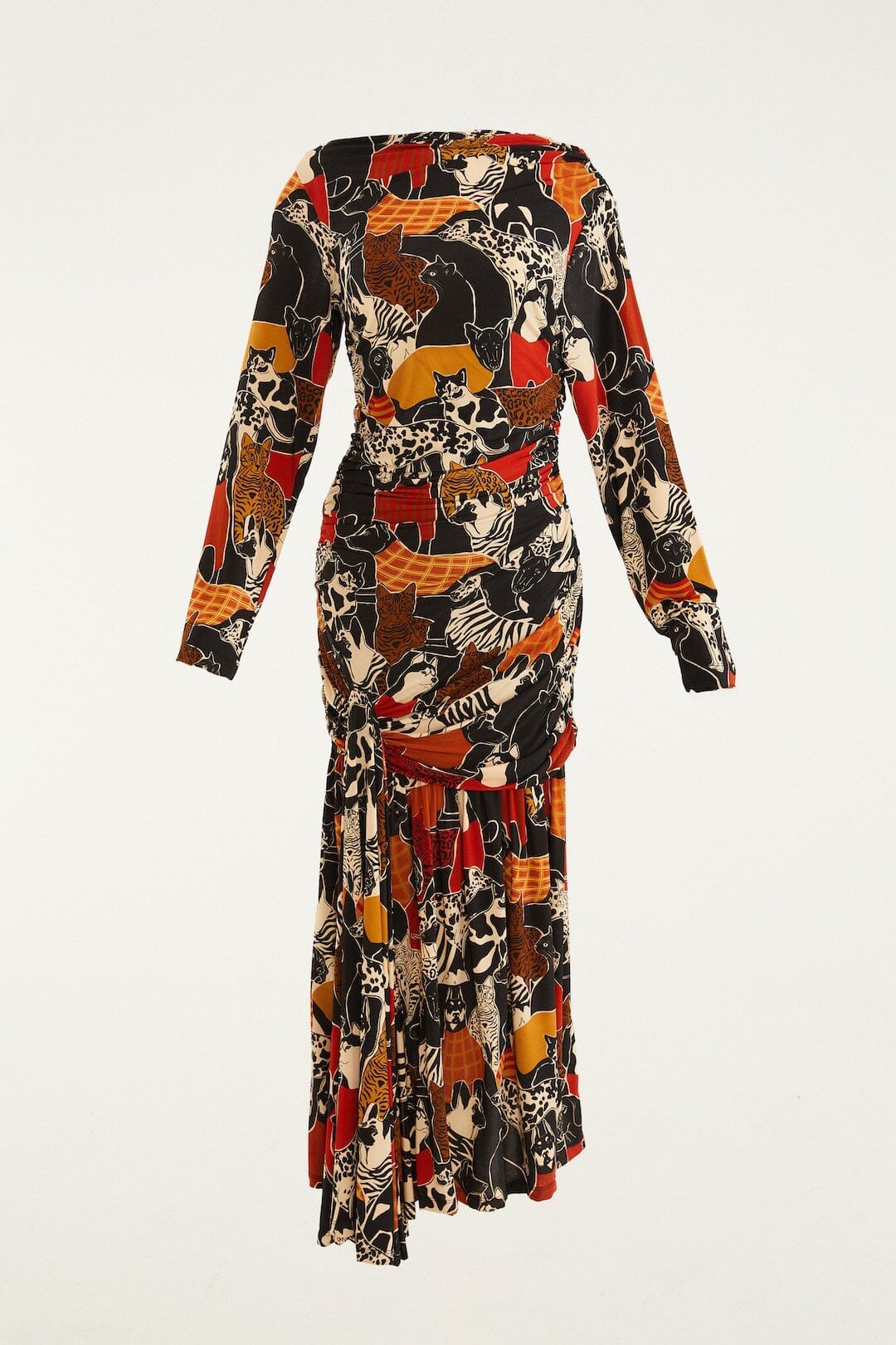 Multicolor Cats And Dogs Long Sleeve Draped Midi Dress