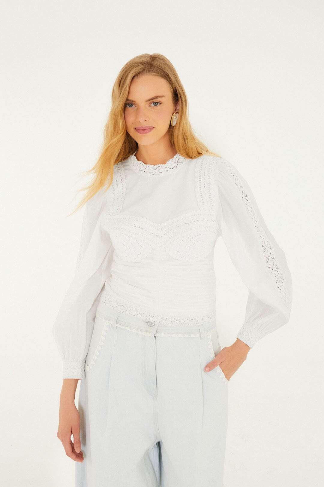 Off-White Crew Neck Long Sleeve Crochet Blouse