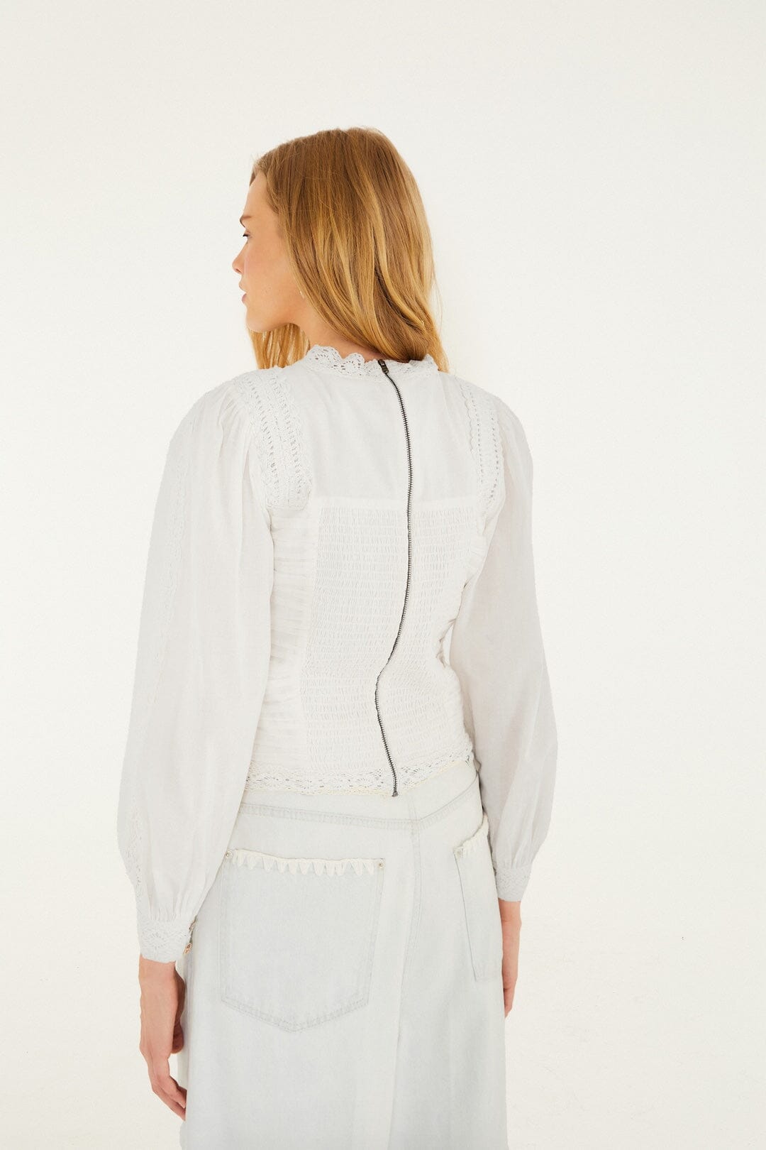 Off-White Crew Neck Long Sleeve Crochet Blouse