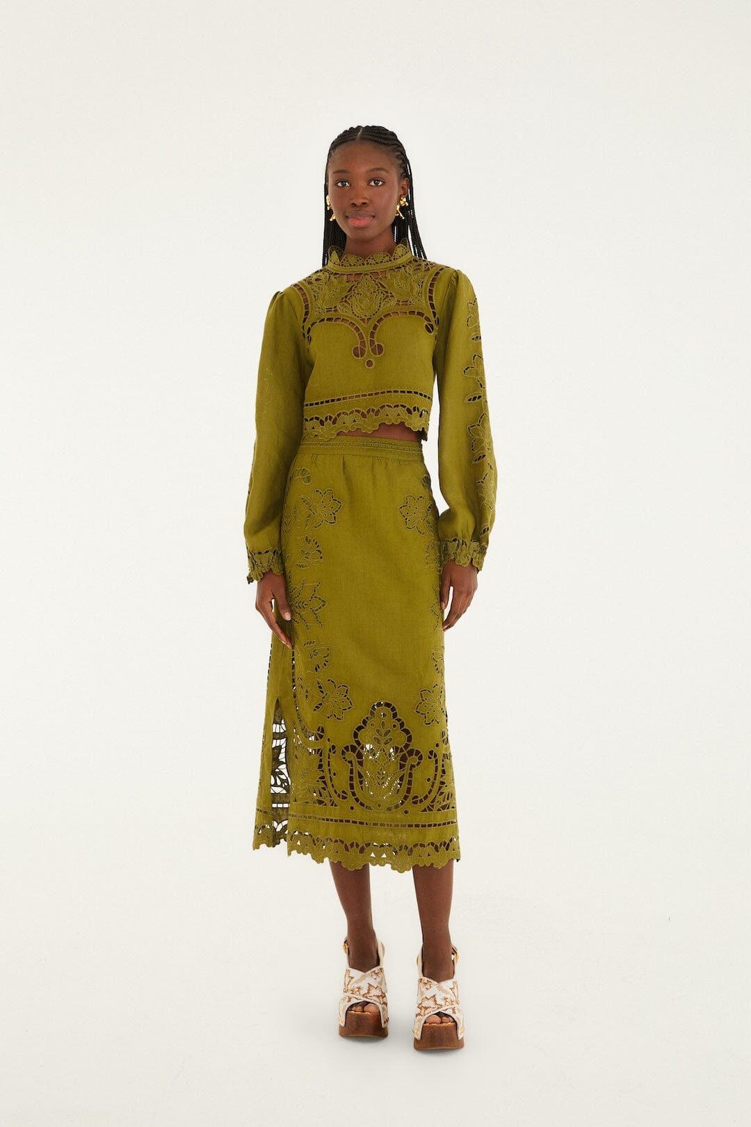 Green Majestic Garden Euroflax Premium Linen Richelieu Blouse