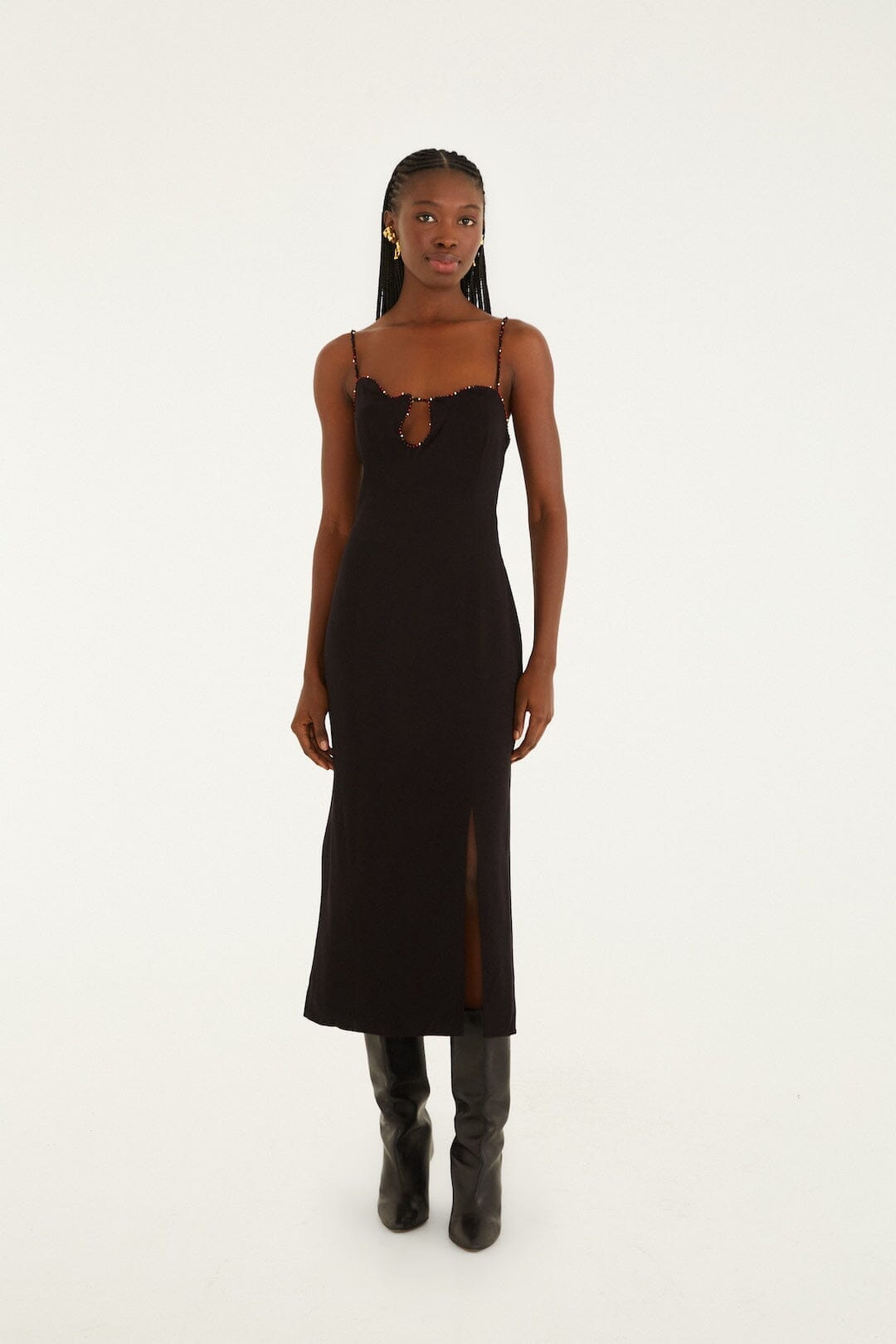 Black Beaded Neckline Sleeveless Midi Dress