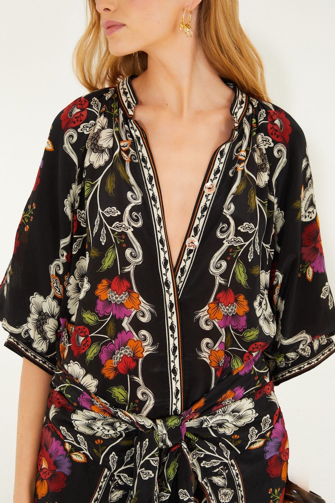 Black Rococo Flowers Belted Midi Dress