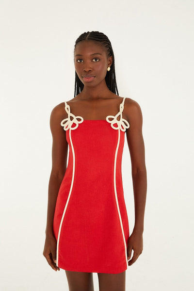 Red 3d Flower Euroflax  Premium Linen Mini Dress