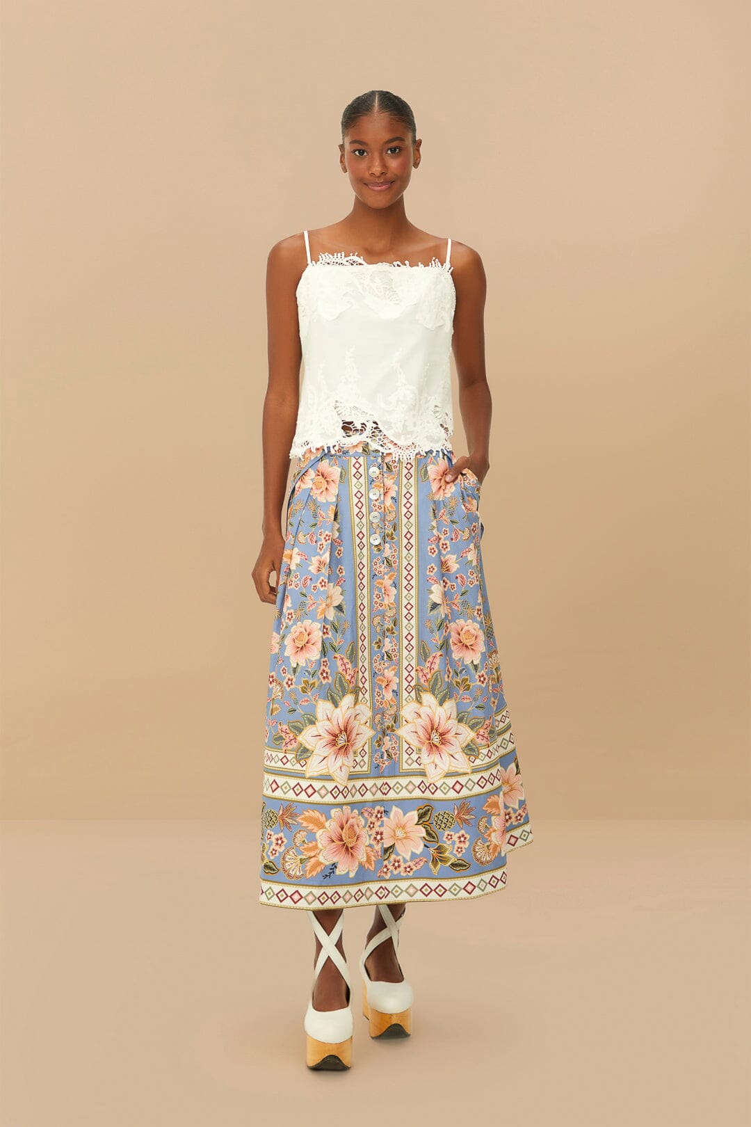 Blue Superbloom Tapestry Buttoned Maxi Skirt