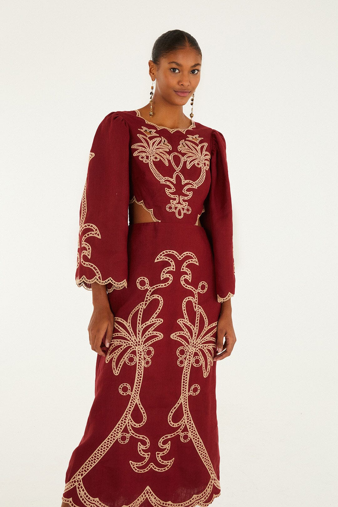 Red Artisanal Cut-Out Embroidered Euroflax™ Premium Linen Maxi Dress