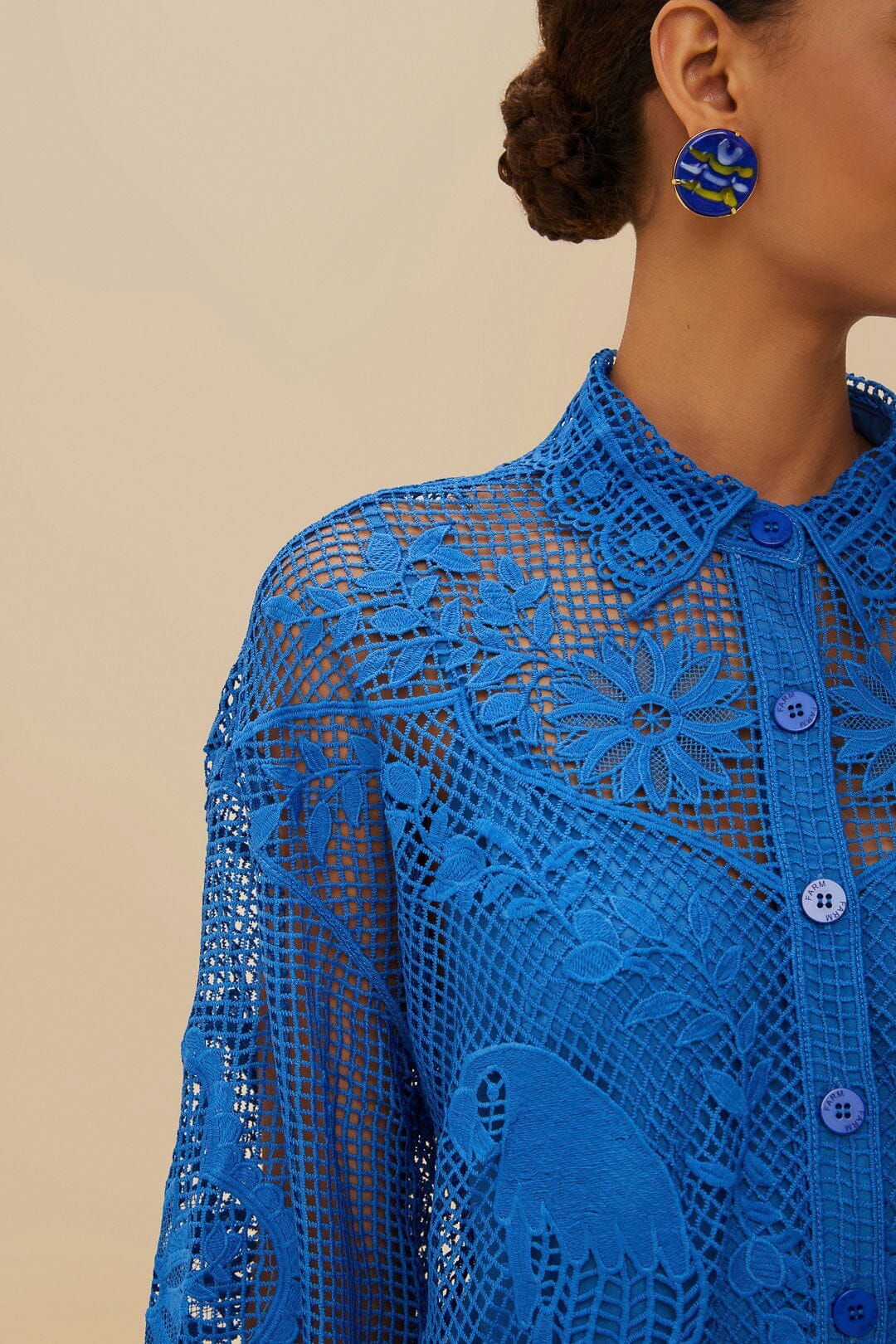 Blue Landscape Guipure Collared Shirt