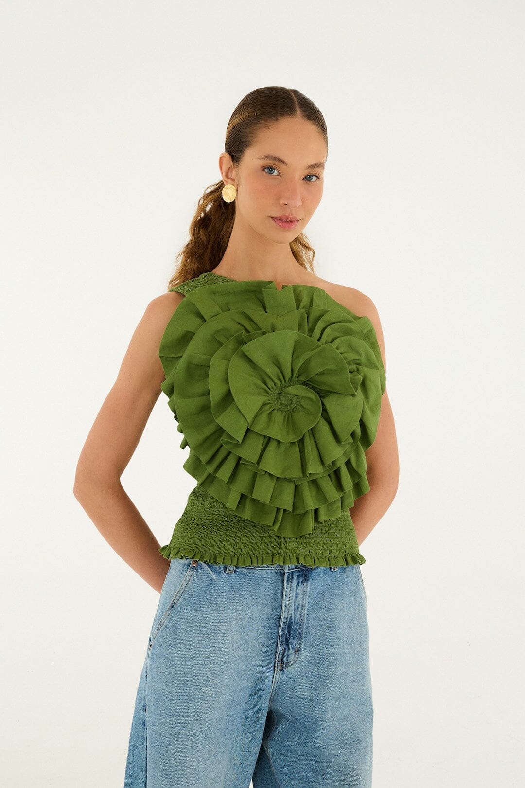 Green One Shoulder Lenzing Ecovero Euroflax Blouse