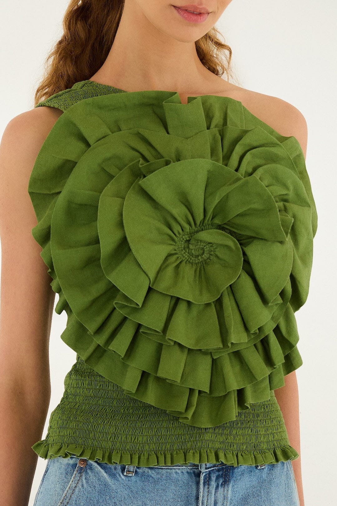 Green One Shoulder Lenzing Ecovero Euroflax Blouse