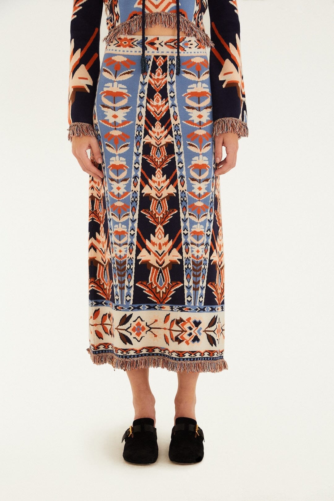 Multicolor Tapestry Fringes Knit Skirt