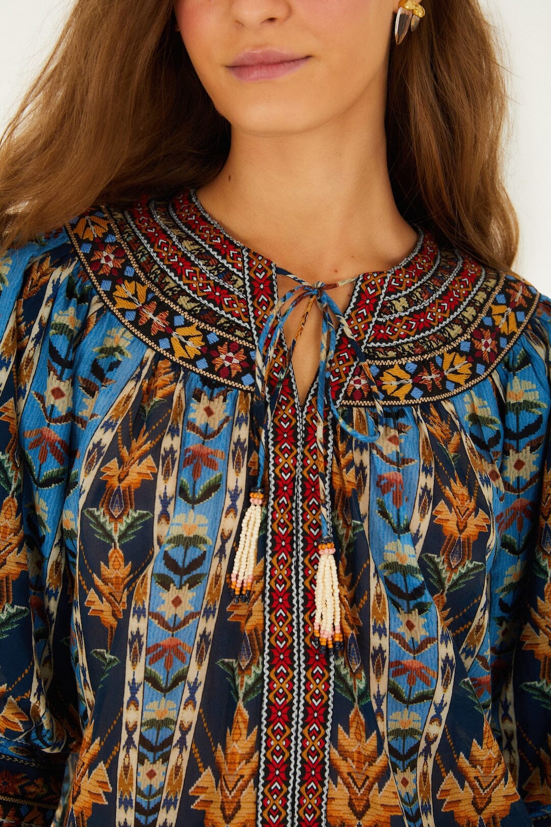 Blue Embroidered Tapestry Tassels Puff Sleeve Blouse