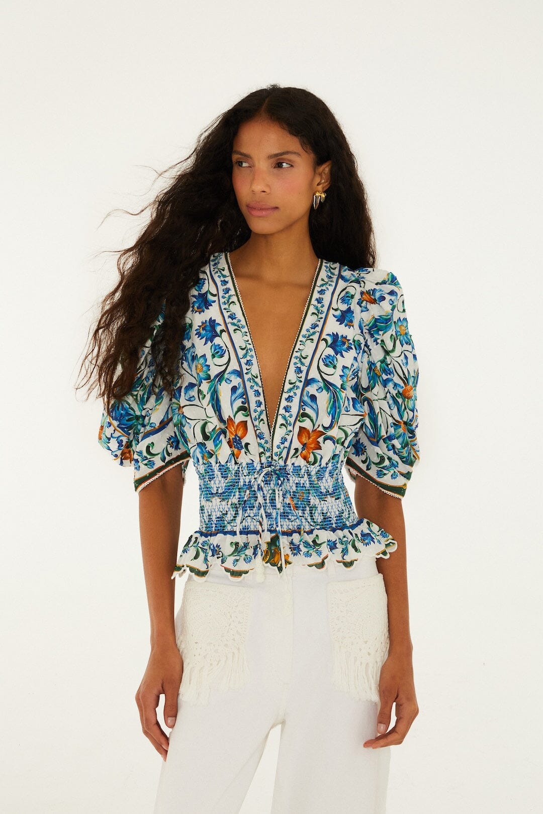 Off-White Flora Tile Smocked Organic Cotton Blouse