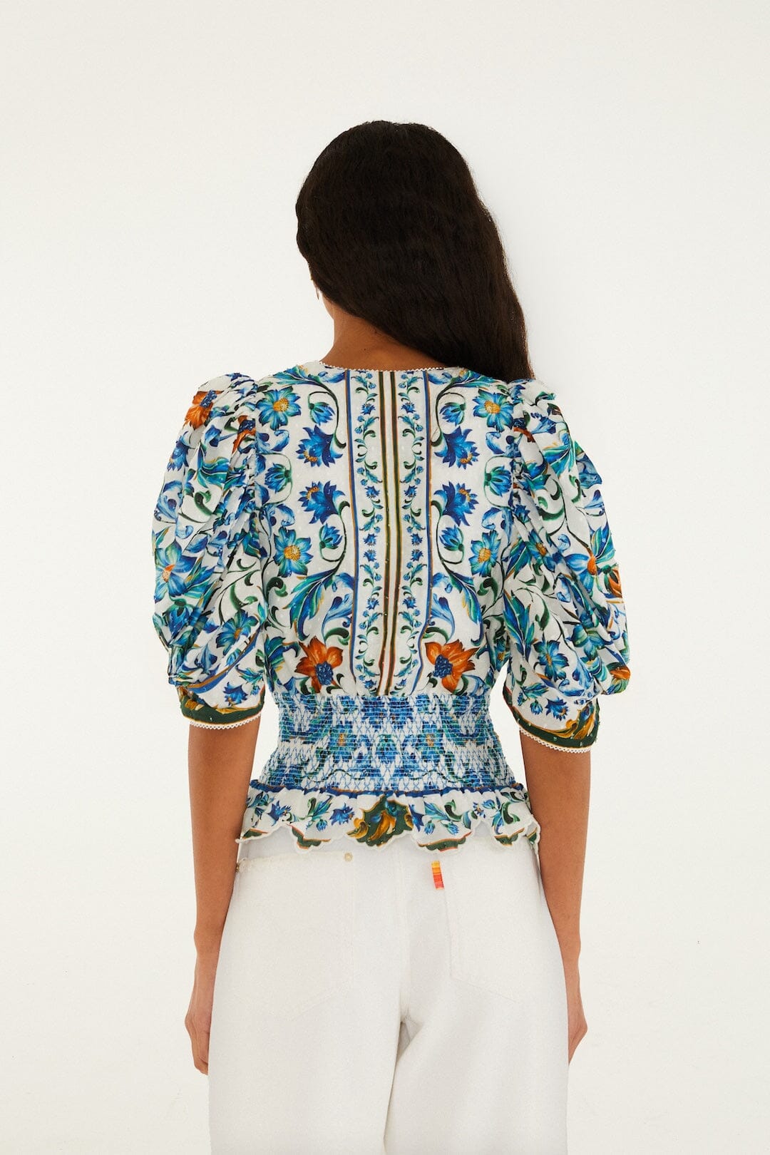 Off-White Flora Tile Smocked Organic Cotton Blouse