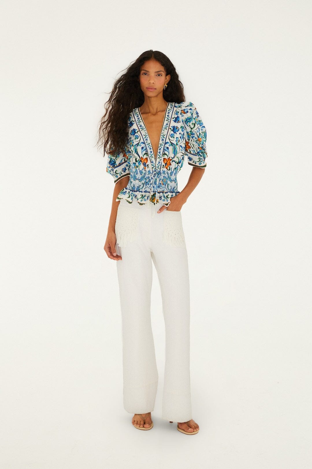 Off-White Flora Tile Smocked Organic Cotton Blouse