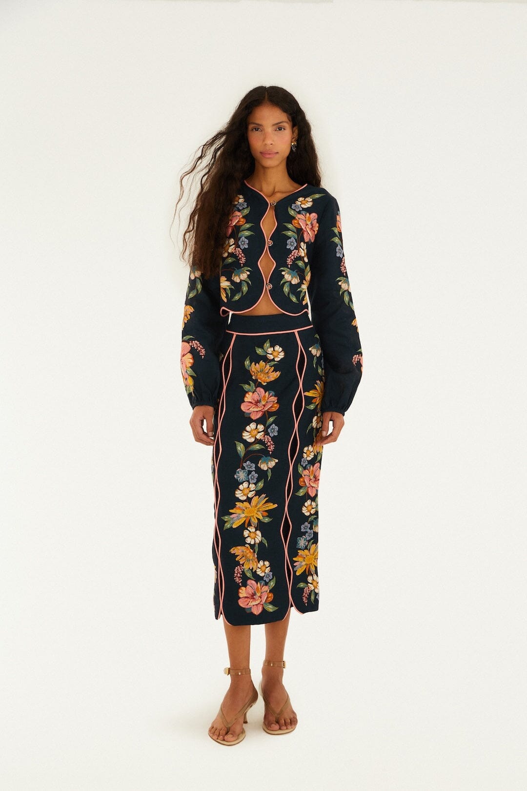 Dark Blue Maira Floral Euroflax Premium Linen Midi Skirt